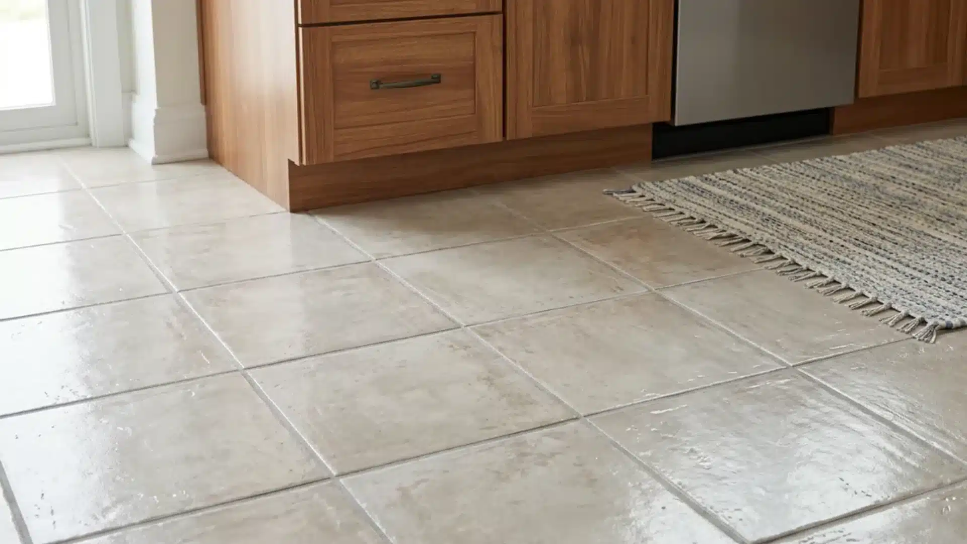glazed ceramic tile flooring installed in a kitchen near lower cabinets and a rug