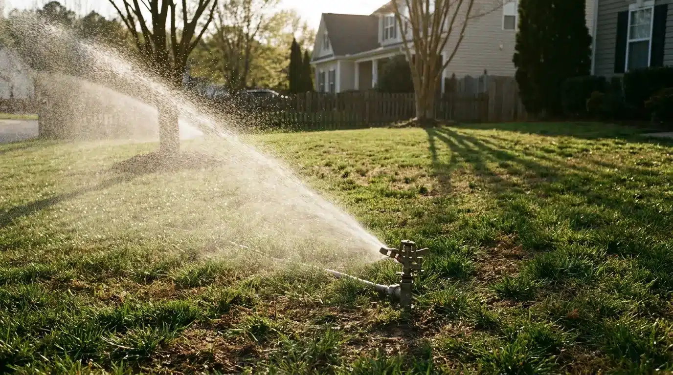 Sprinkler spraying water over green lawn in suburban backyard under morning sunlight