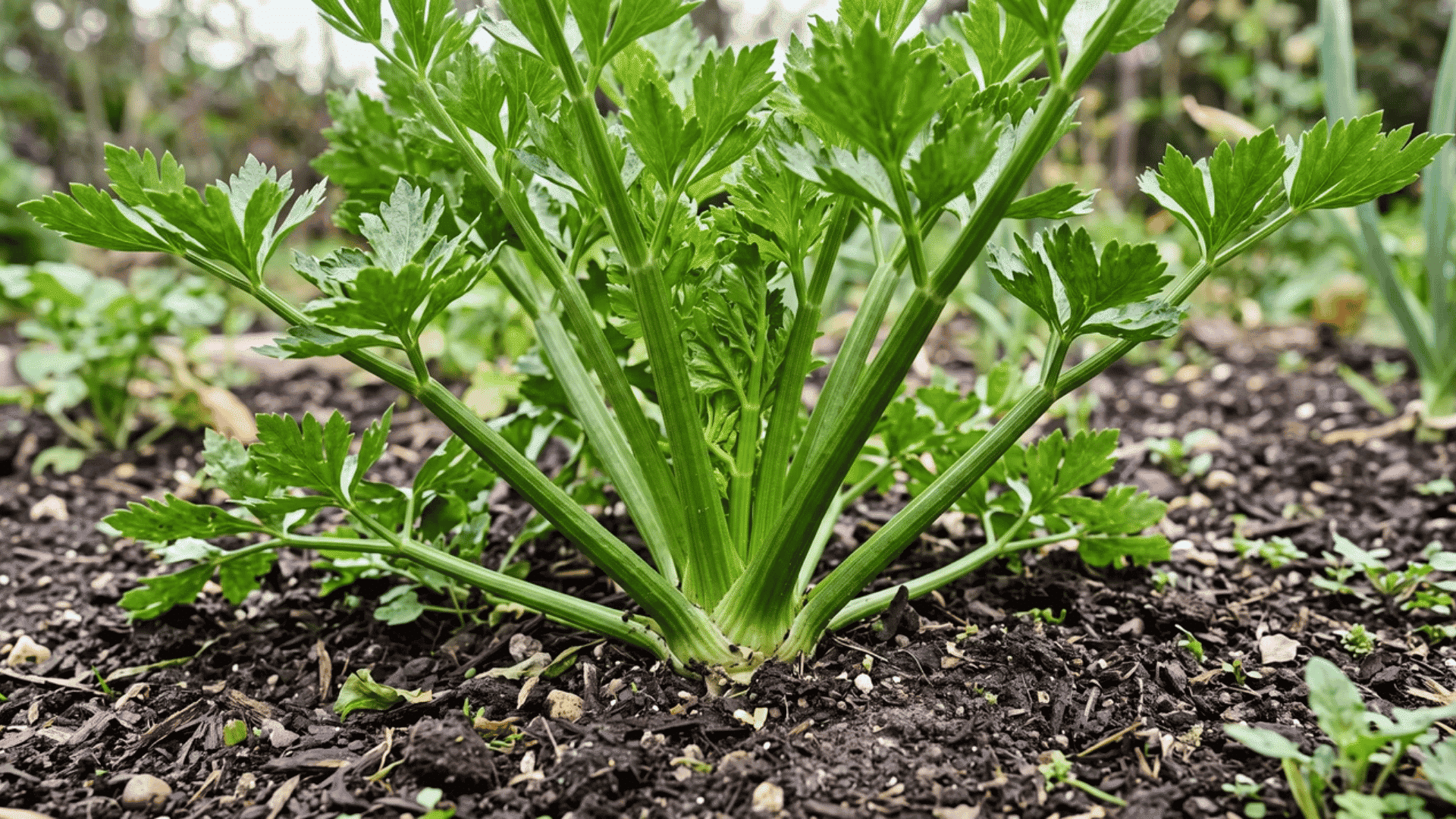 Celery plant with multiple stalks growing from a central base in soil