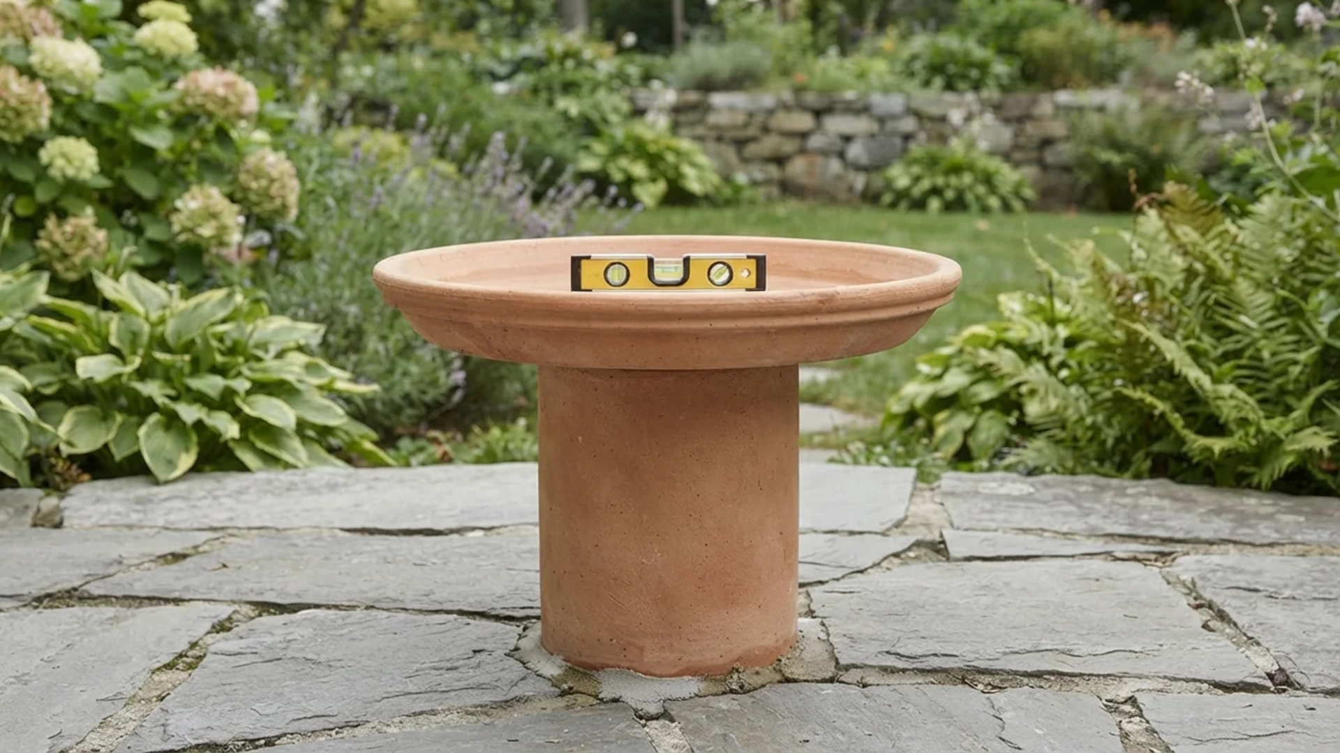 A yellow spirit level resting inside a terracotta bird bath saucer to check for balance.
