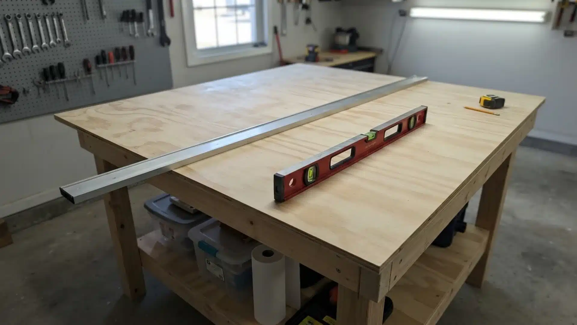 Red spirit level and long straightedge resting on the smooth plywood surface of a workbench.
