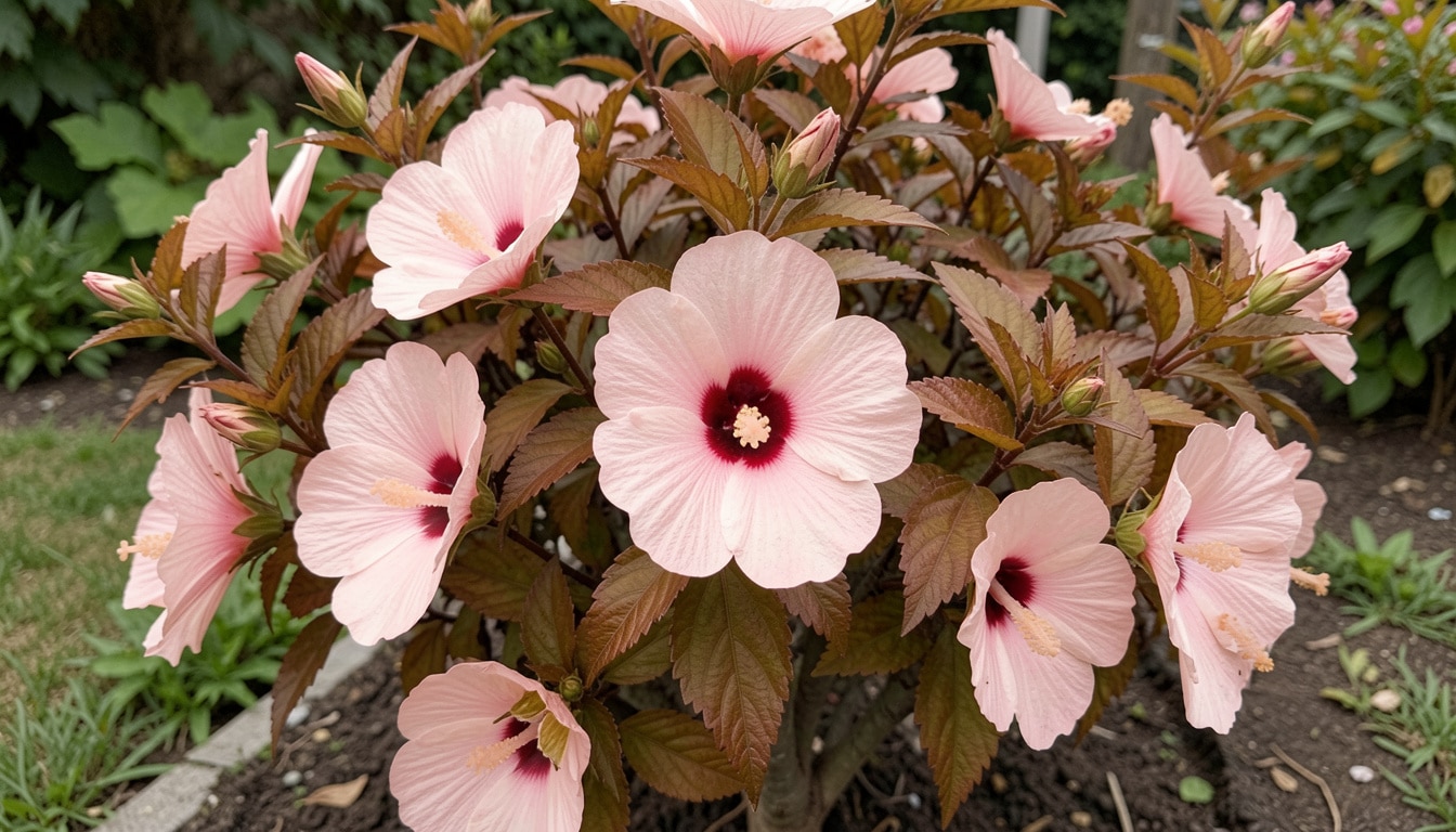 Cherry Choco Latte hibiscus with creamy pink flowers and bronze-tinged foliage