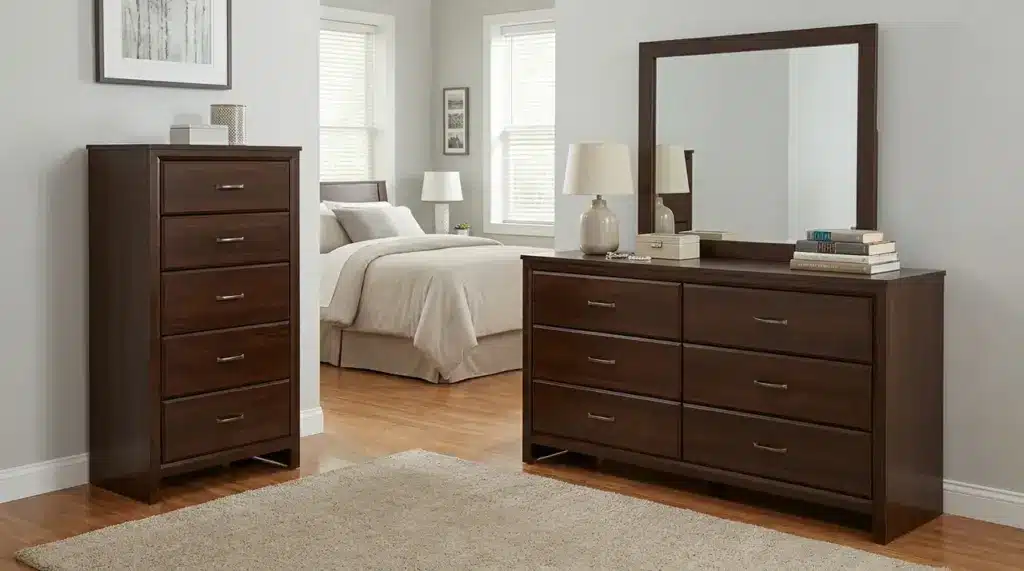 Chest of drawers and wide dresser with mirror showing different bedroom storage designs.