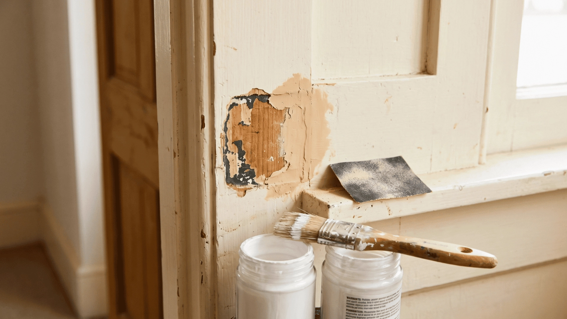 Chipped painted door trim with sandpaper, paint brush, and repair supplies nearby.