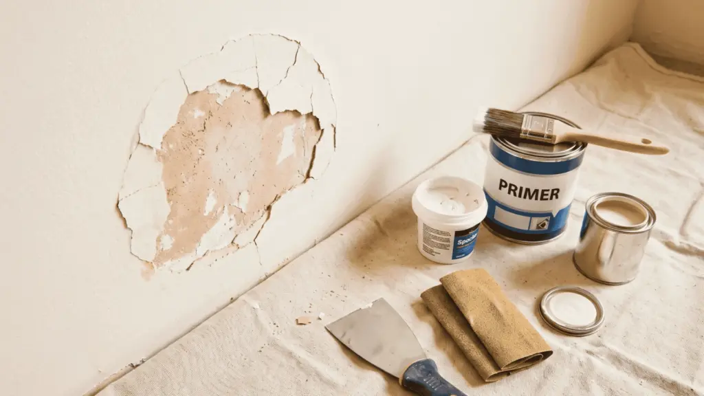 Chipped wall paint with primer, spackle, sandpaper, and paint tools for repair.