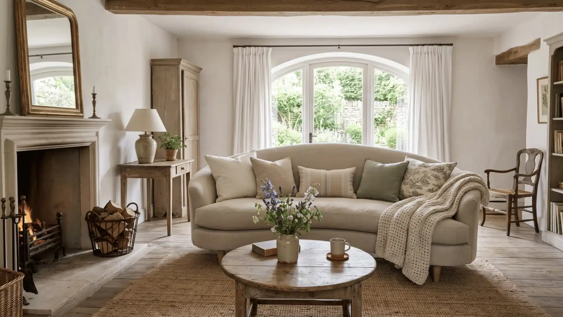 Curved linen sofa in a French country living room