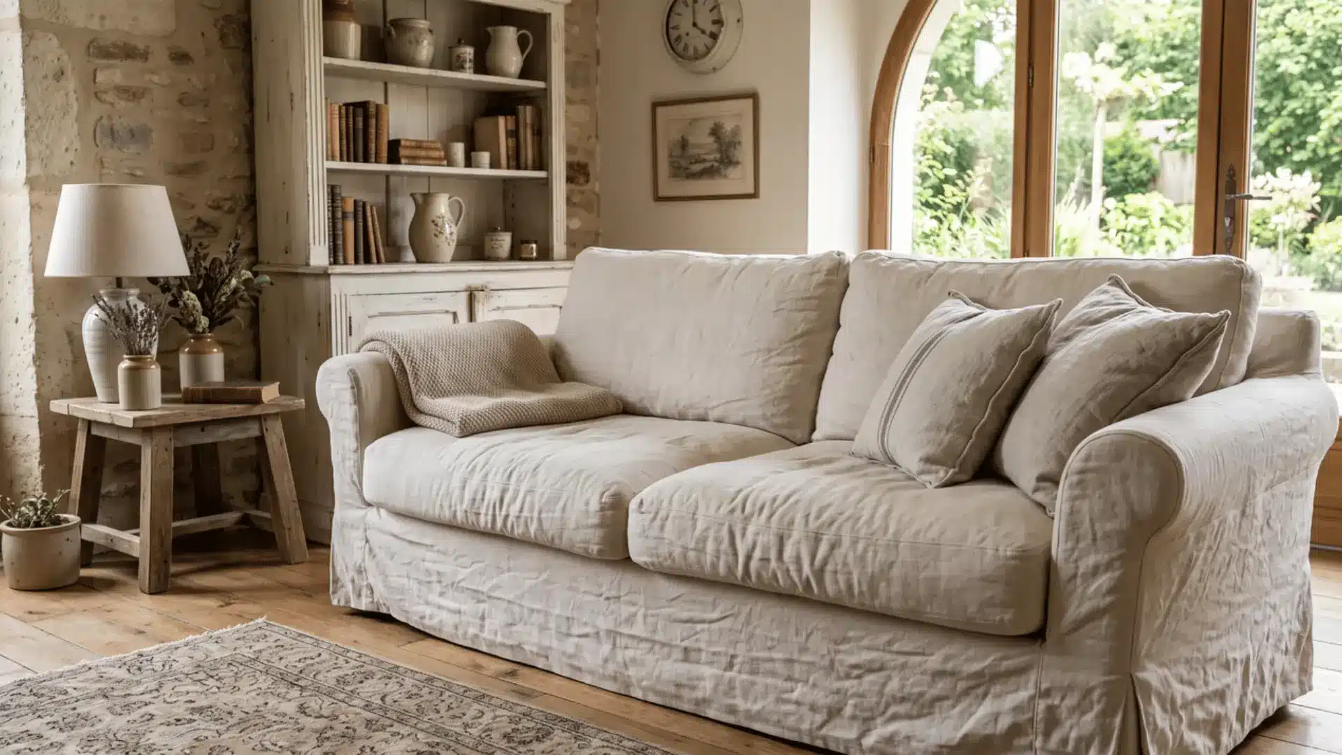 Cream linen slipcover sofa in a French country living room