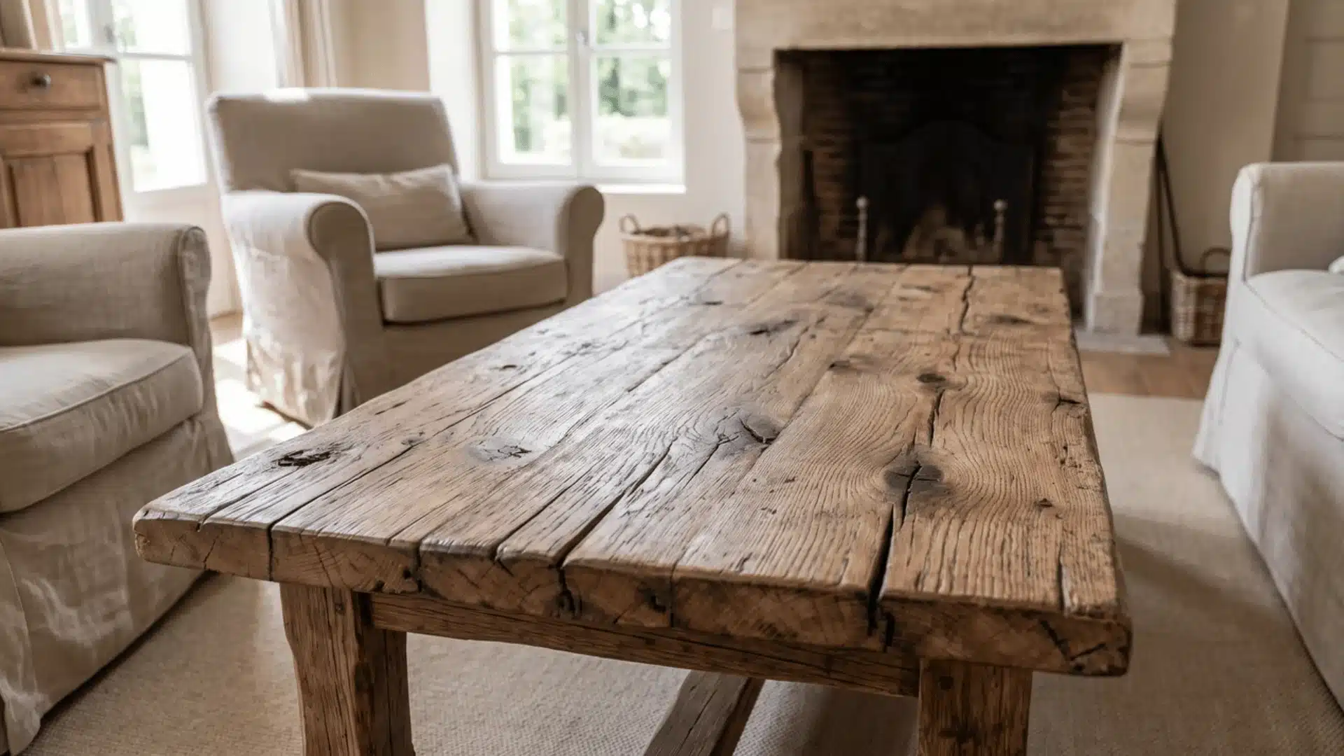 Reclaimed wood coffee table in a French country living room