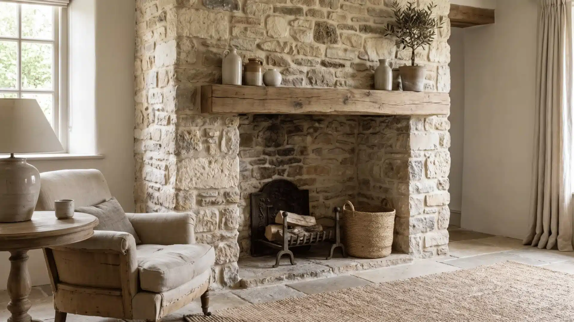 Stone fireplace surround in a French country living room