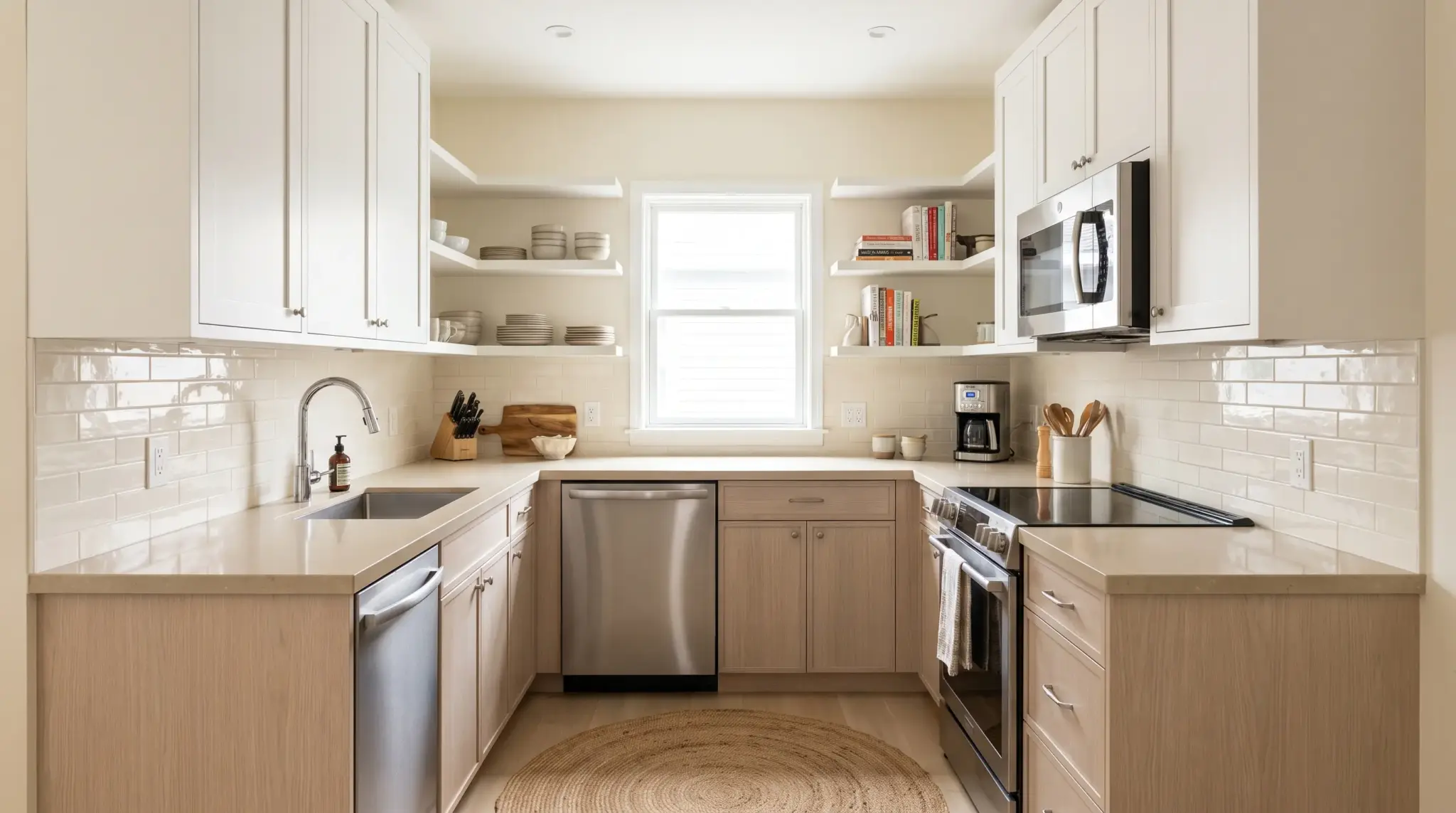 Small U-shaped kitchen with light finishes creating a brighter open feel