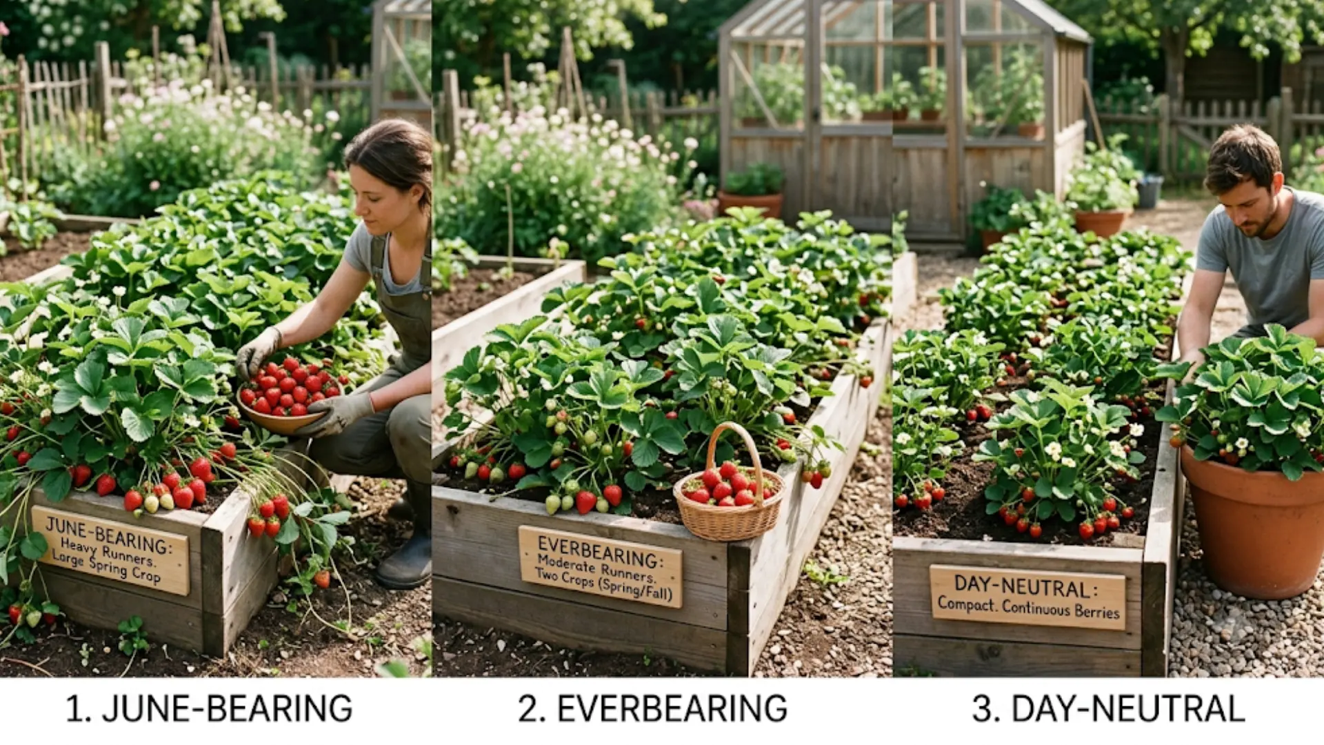 three-panel garden comparison showing June-bearing, Everbearing, and Day-Neutral strawberry plants in labeled wooden raised beds and pots