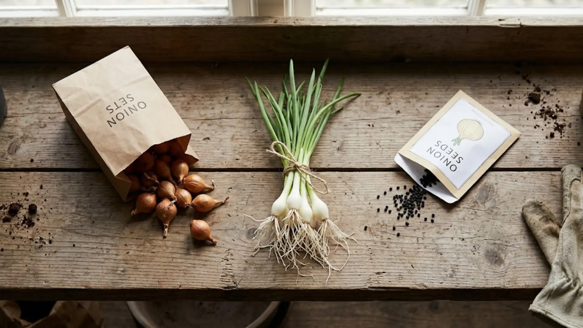 Onion sets, bare root transplants, and a seed packet on a bench