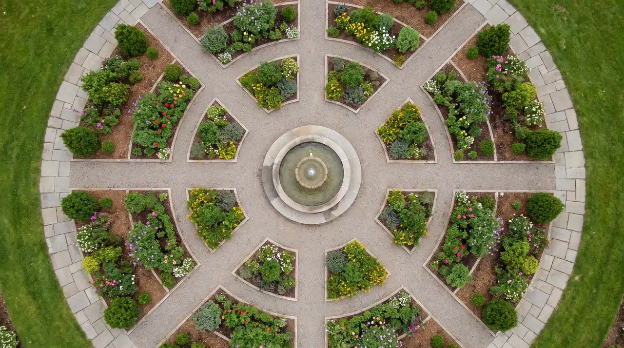 Curved garden beds arranged like wheel slices around a central fountain