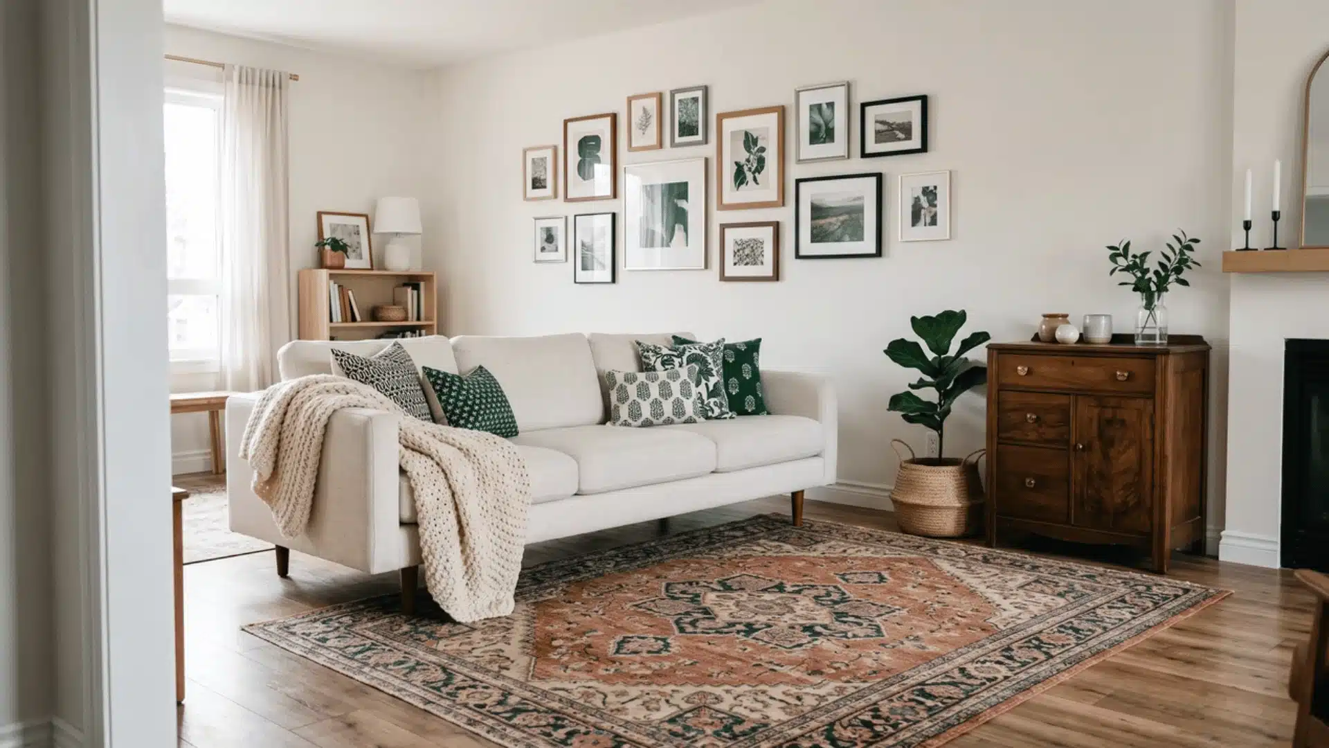 Clean-lined modern sofa beside a proportionally matched vintage wood cabinet in a modern living room