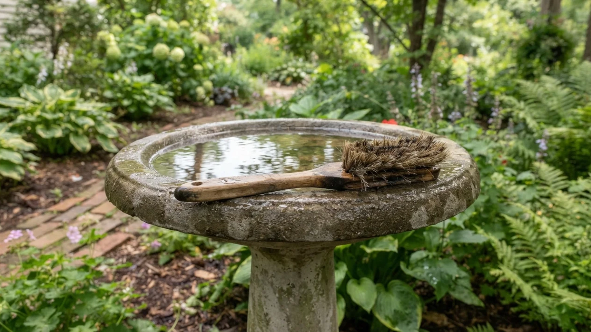 Wooden scrub brush resting on a stone bird bath basin filled with clear water.