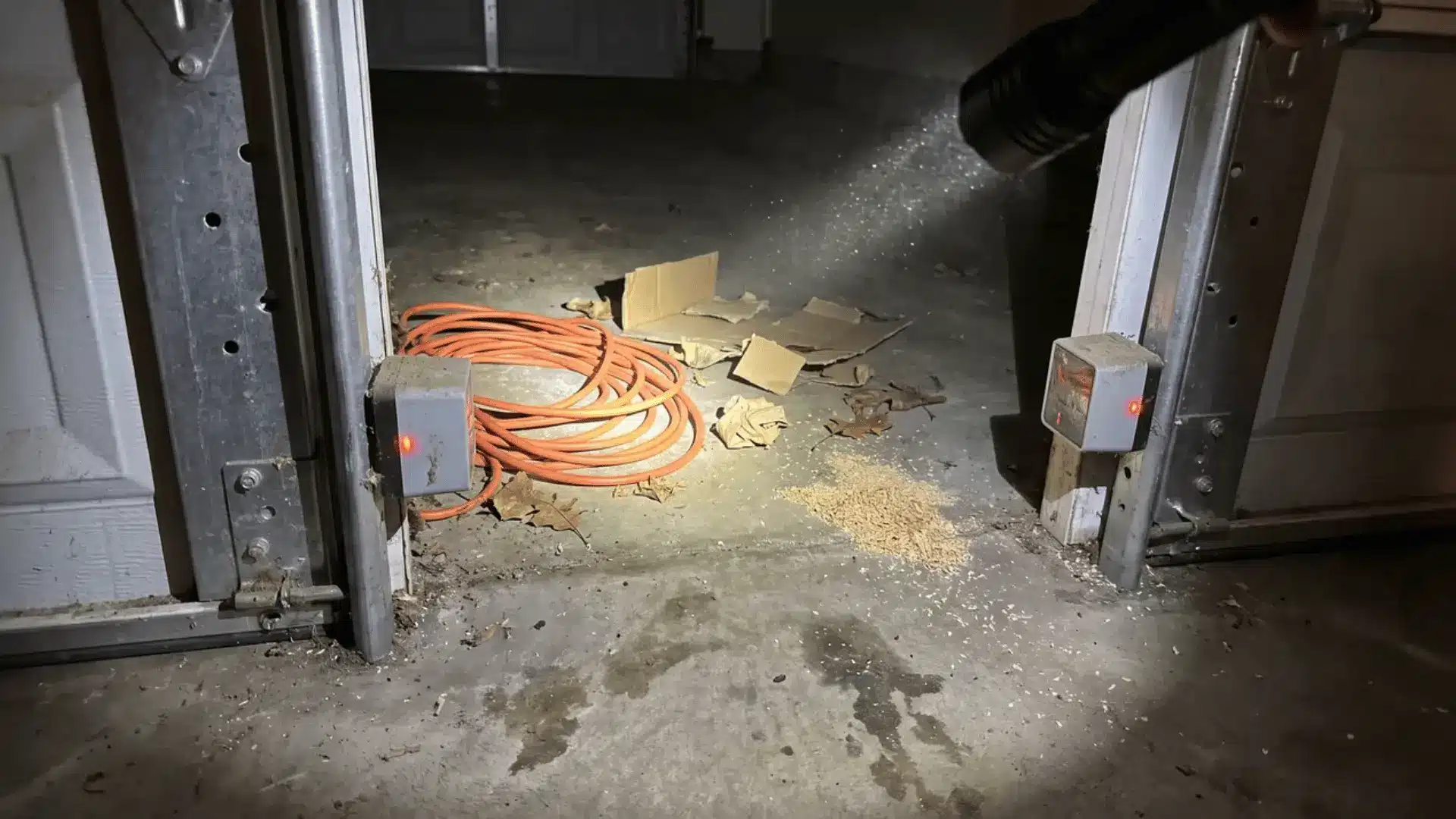Garage door sensors near the floor with a flashlight showing debris and a cord between them