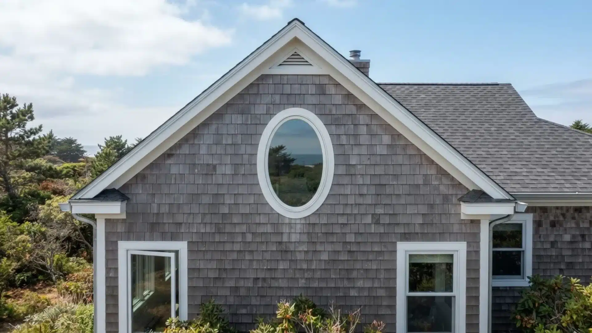 clear oval window installed in gable of coastal style home