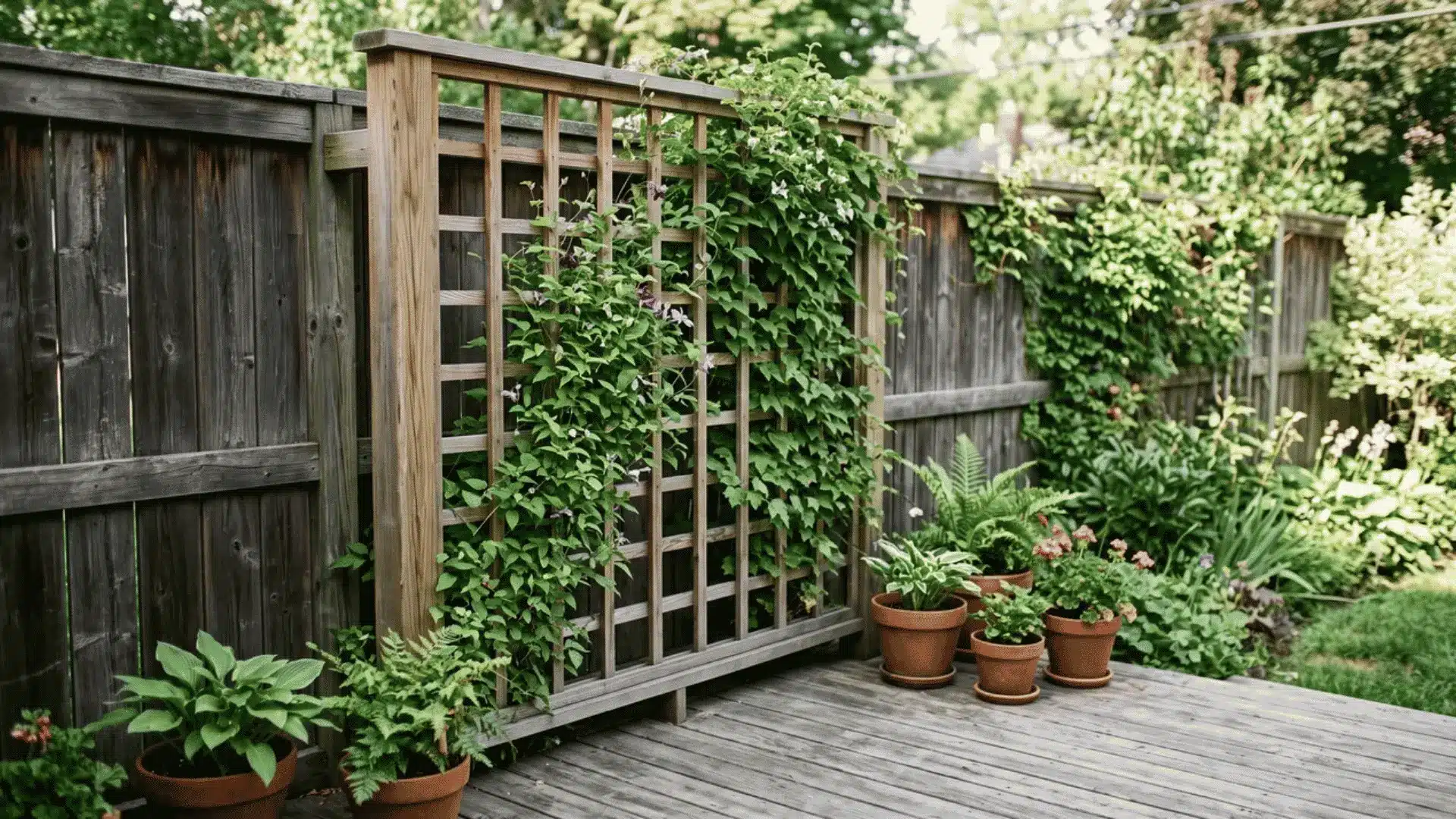 Climbing vines growing across a wooden trellis beside a backyard deck fence