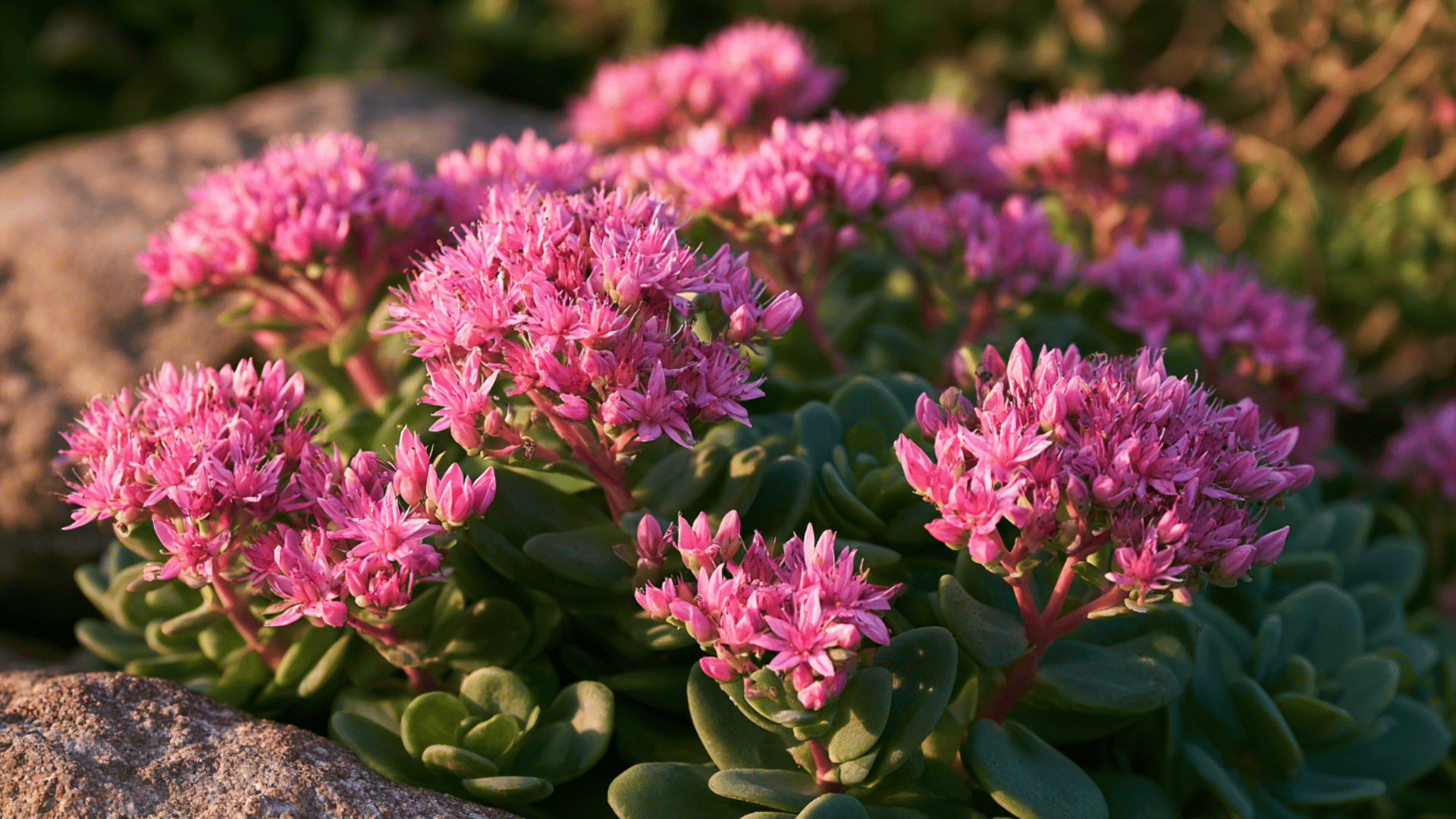 close up of pink sedum flower clusters with succulent green leaves