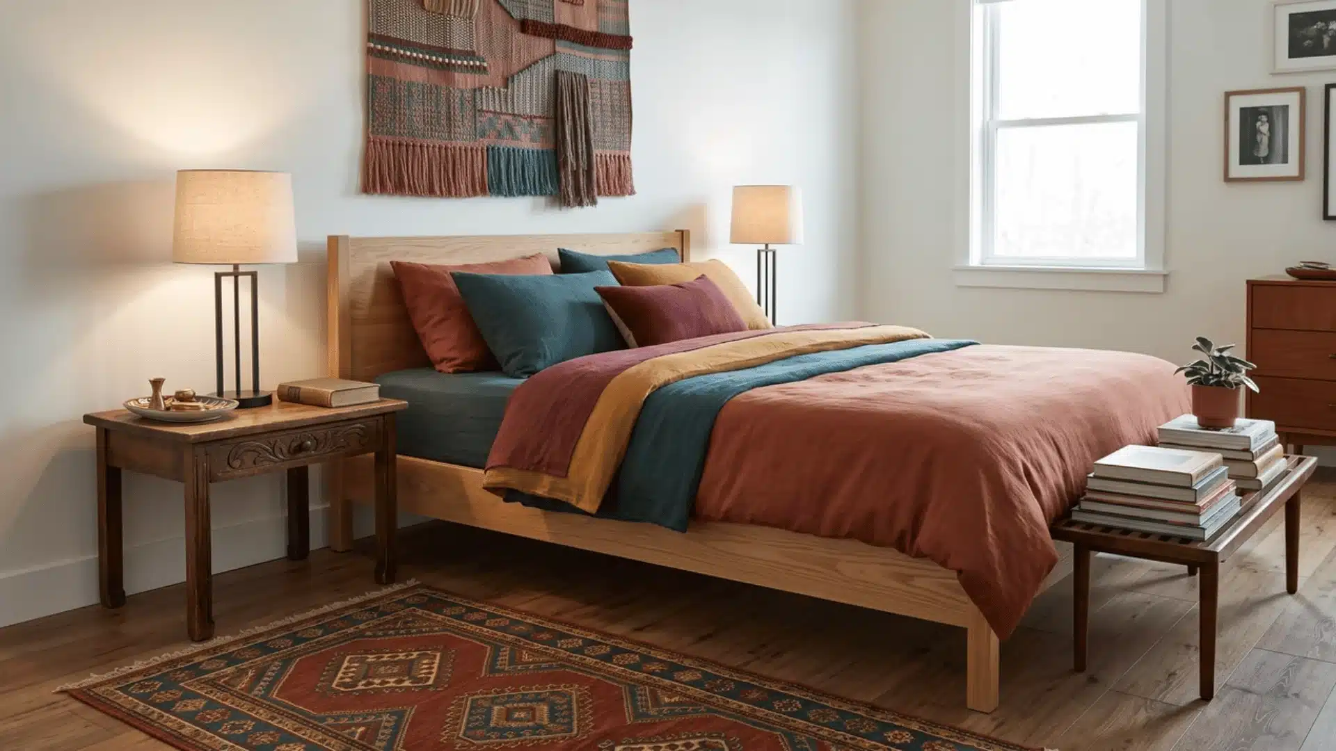 Colorful eclectic bedroom with a modern platform bed, vintage wood nightstand, woven rug, and wall textile
