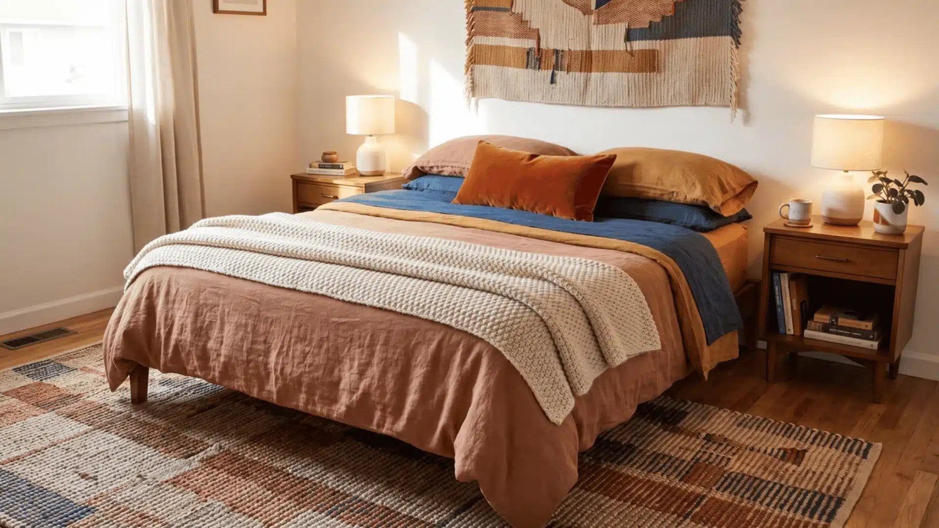 Colorful eclectic bedroom with linen sheets, a knit blanket, velvet pillow, woven rug, and wall textile