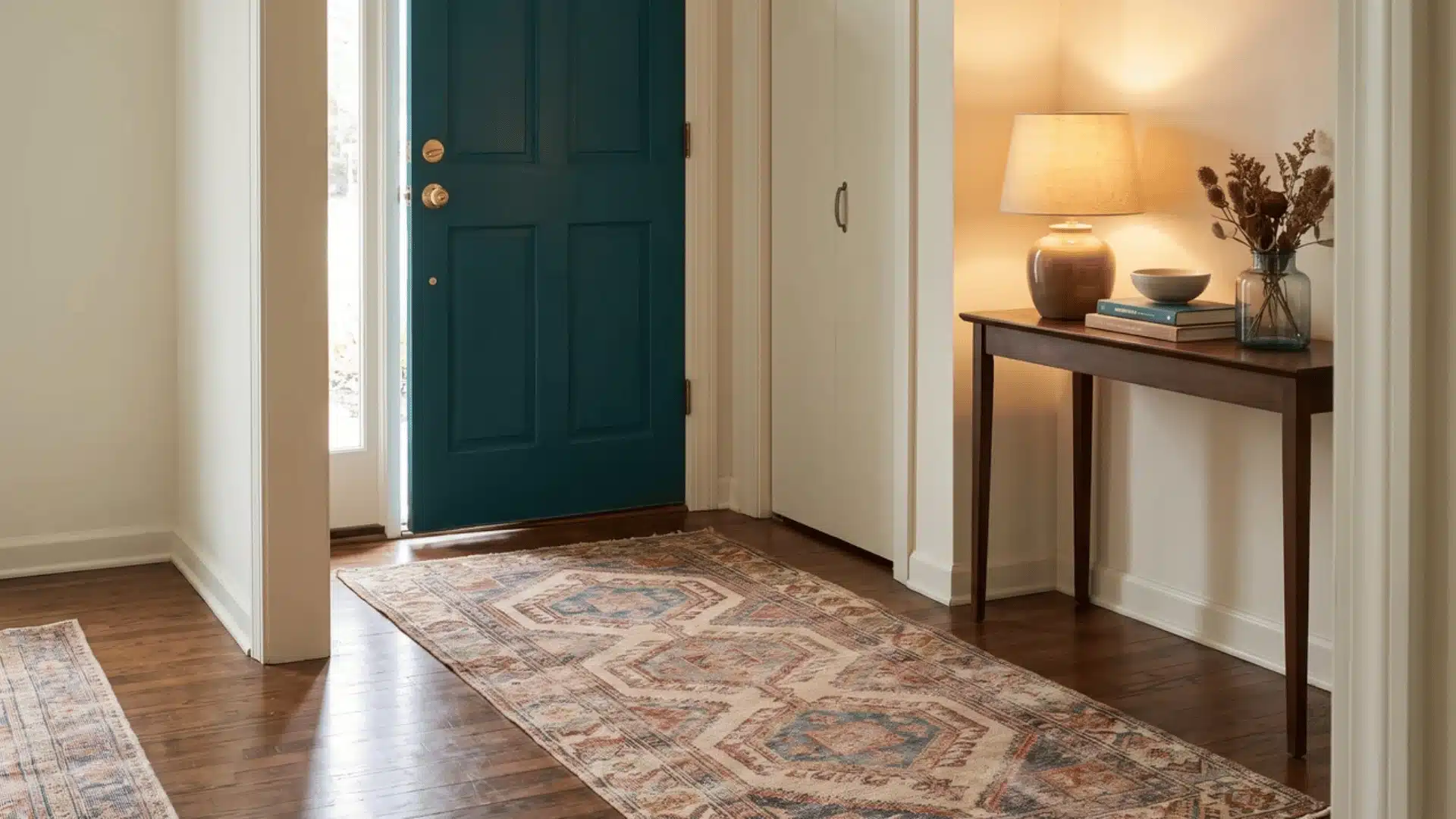 Colorful vintage rug inside a deep teal front door with a slim wood console along the entryway wall