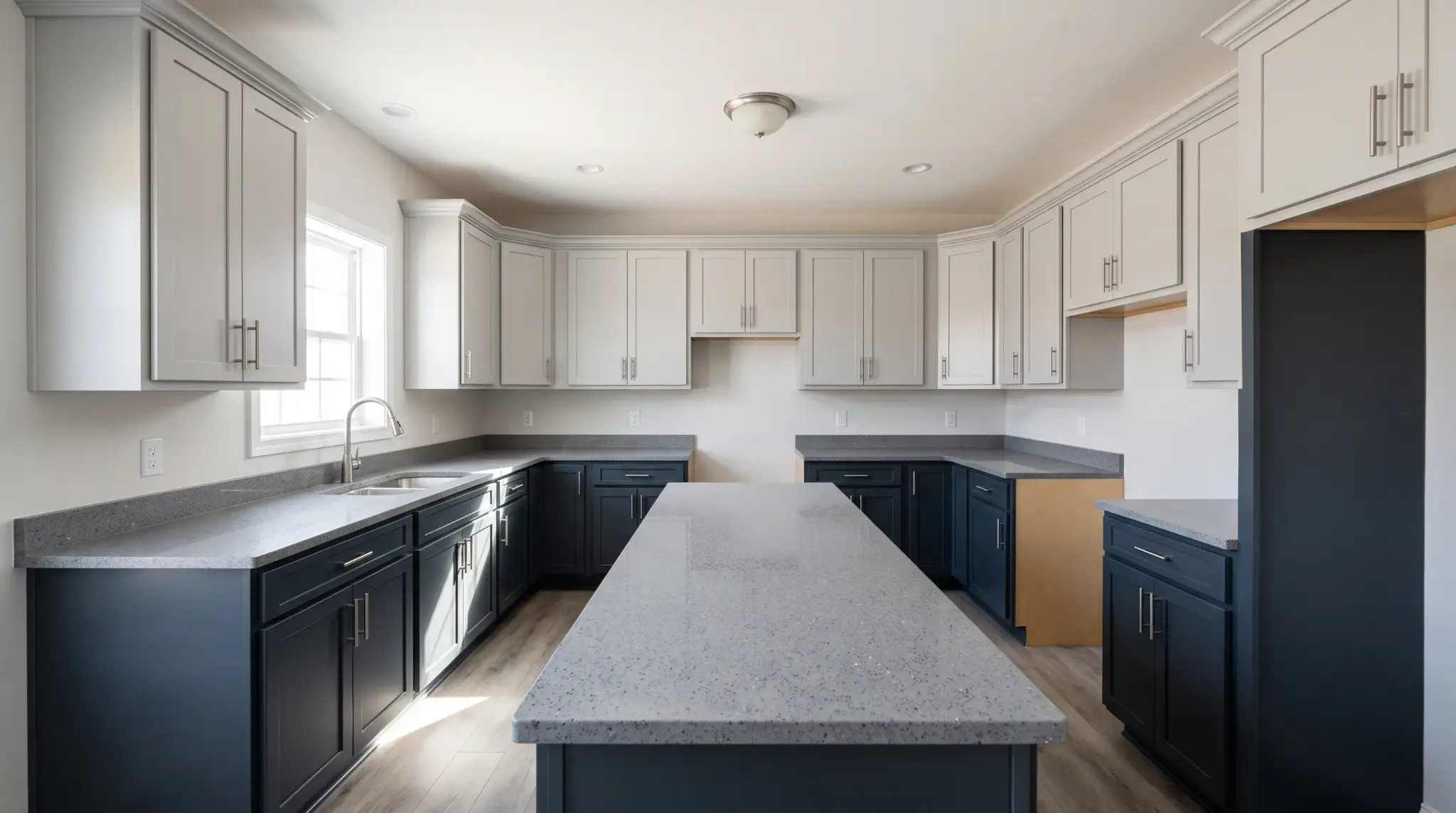 U-shaped kitchen with two-tone cabinets adding depth and contrast