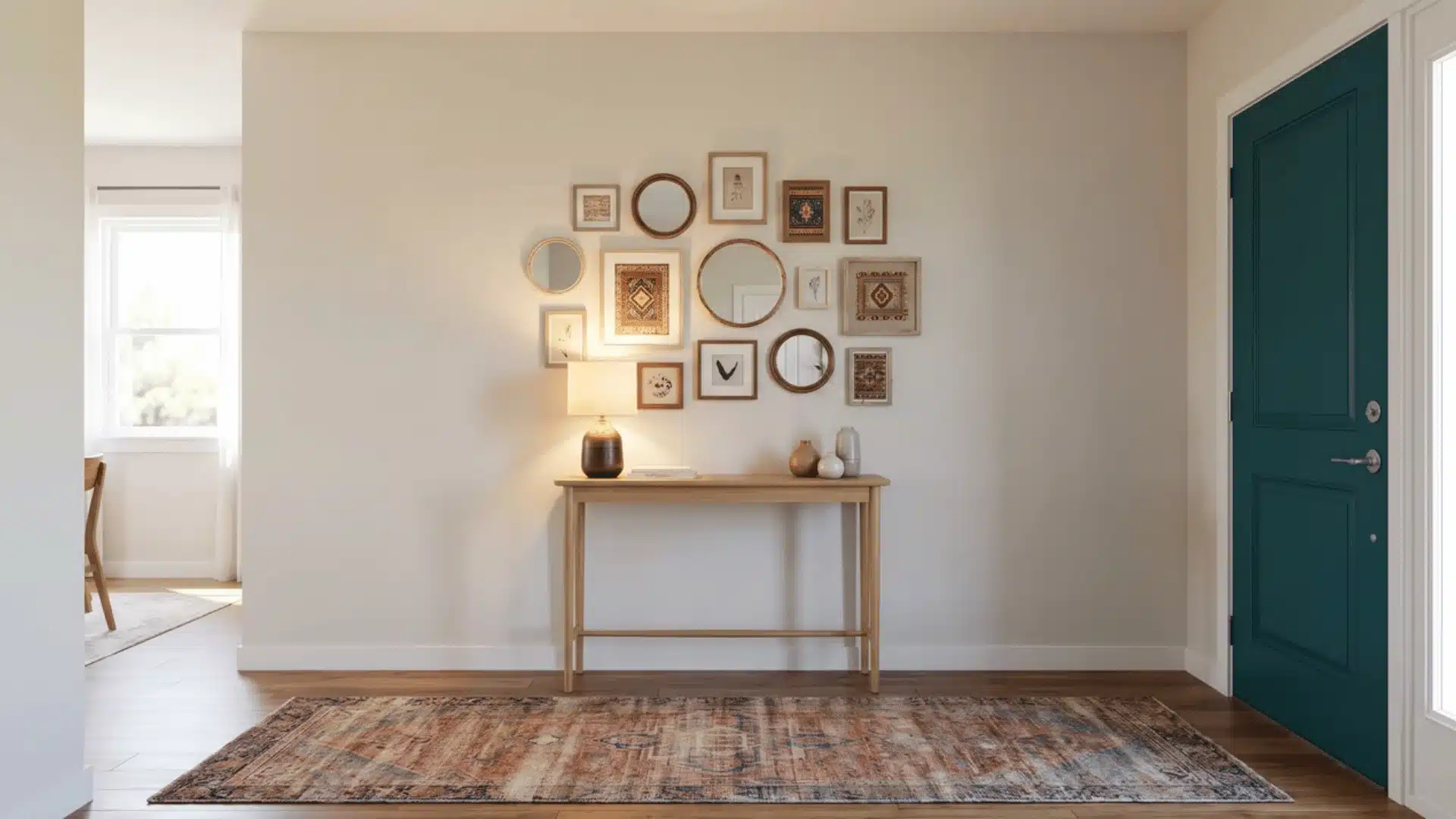 Compact mixed-frame gallery wall above a wood console in a colorful eclectic entryway