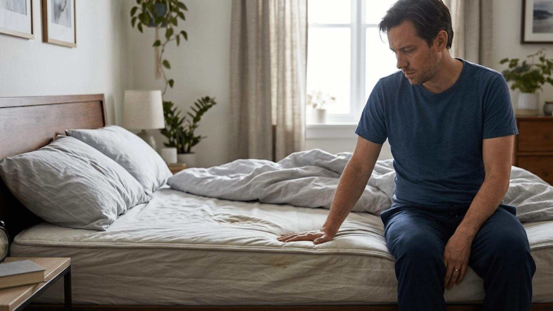 concerned man sits on a sagging, stained mattress, emphasizing the need for replacement