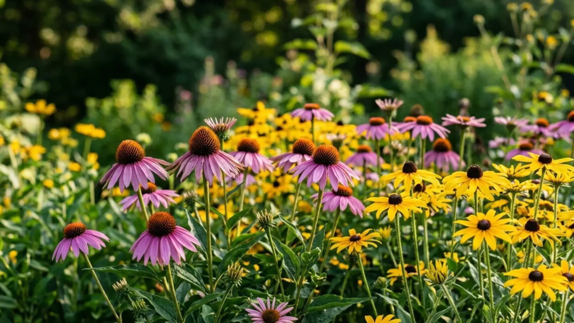 Purple coneflowers and yellow black-eyed susans growing together outdoors