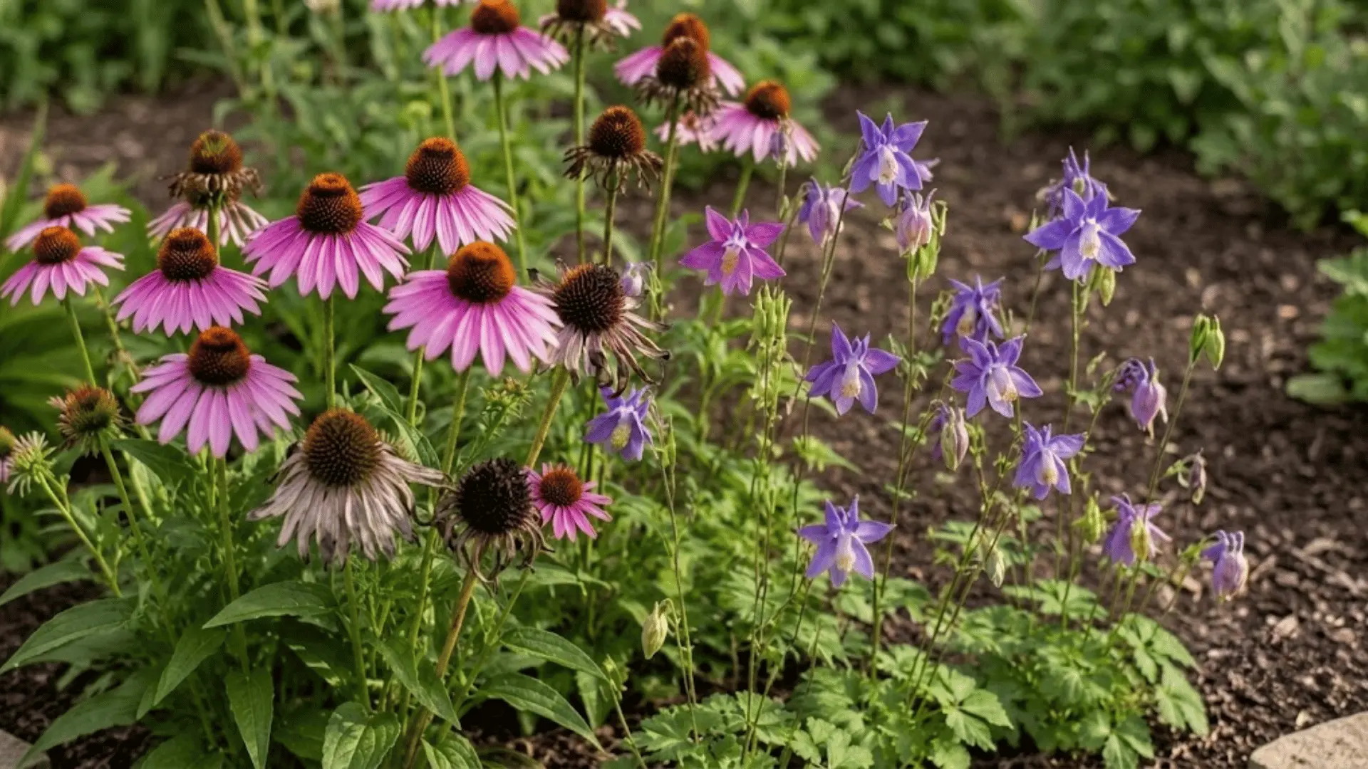 Coneflowers and columbine flowering together with blooms and faded flower heads