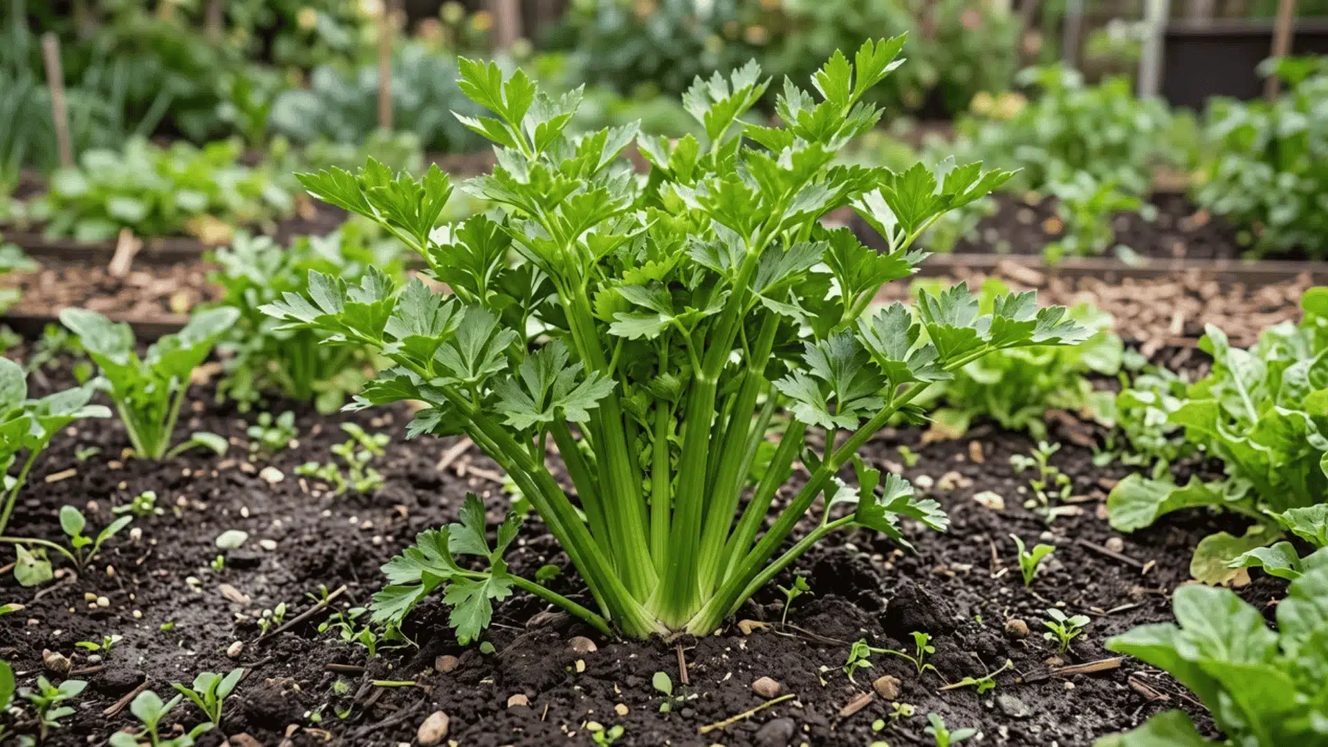 Mature celery plant with a dense cluster of stalks at the base