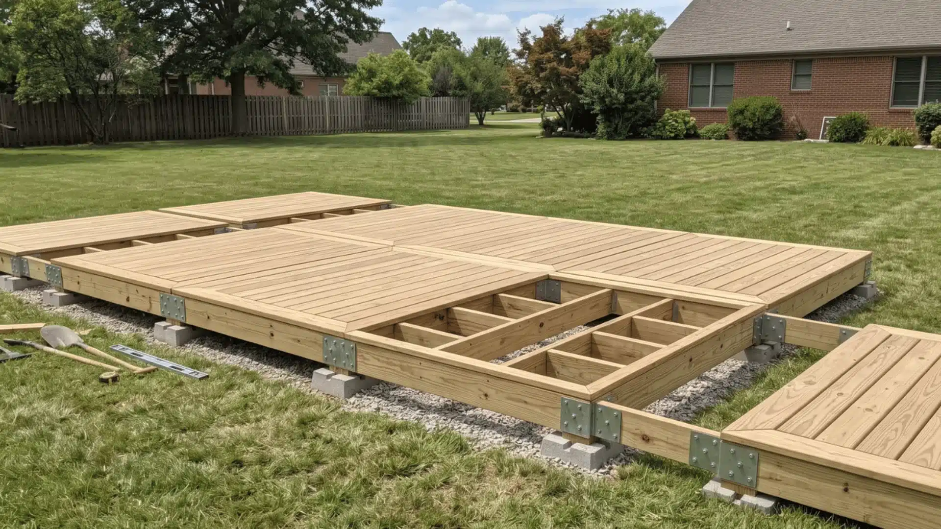Connected modular wooden deck sections forming an expandable backyard platform