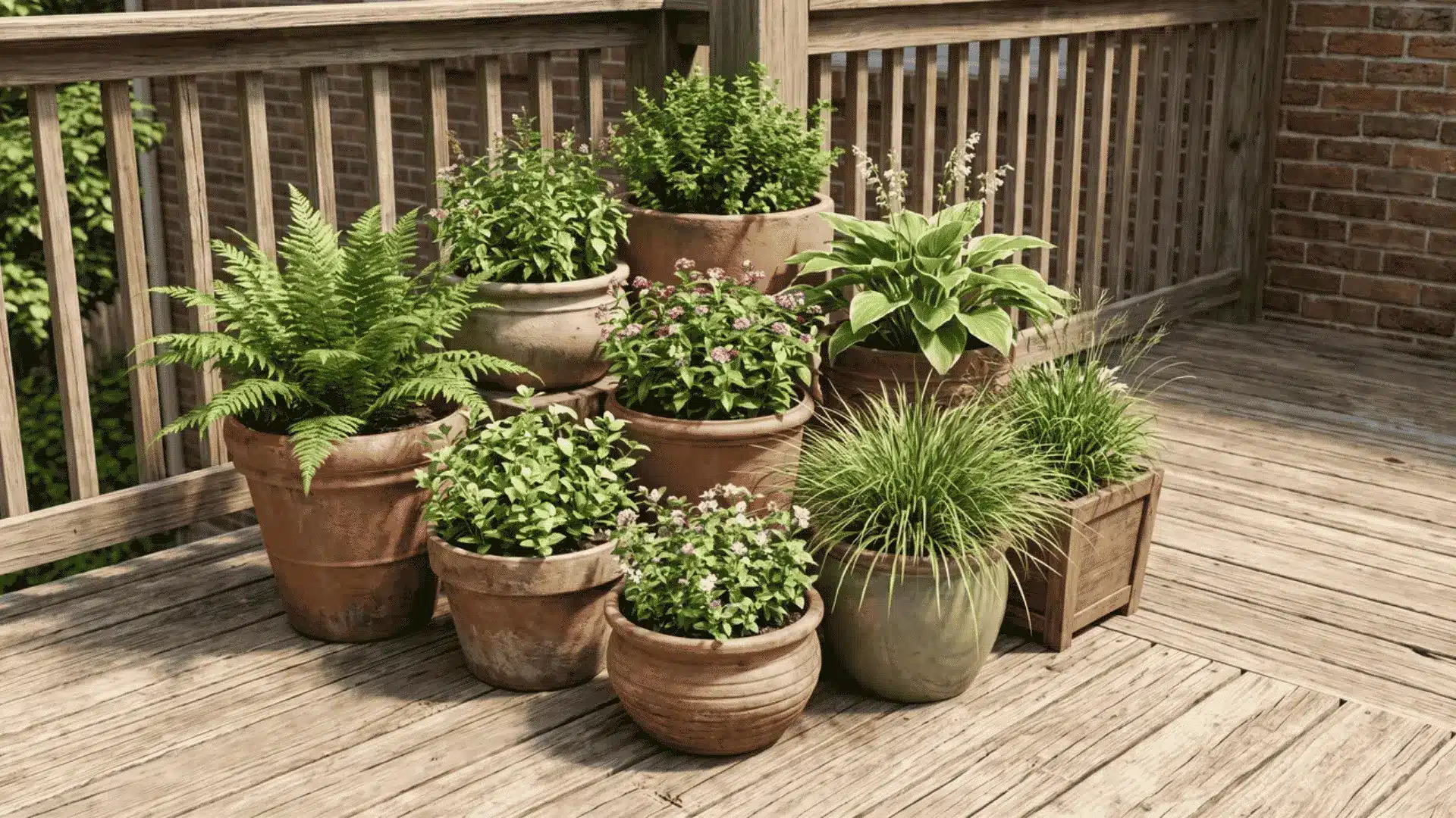 Container planters of varied heights grouped in the corner of a wooden deck