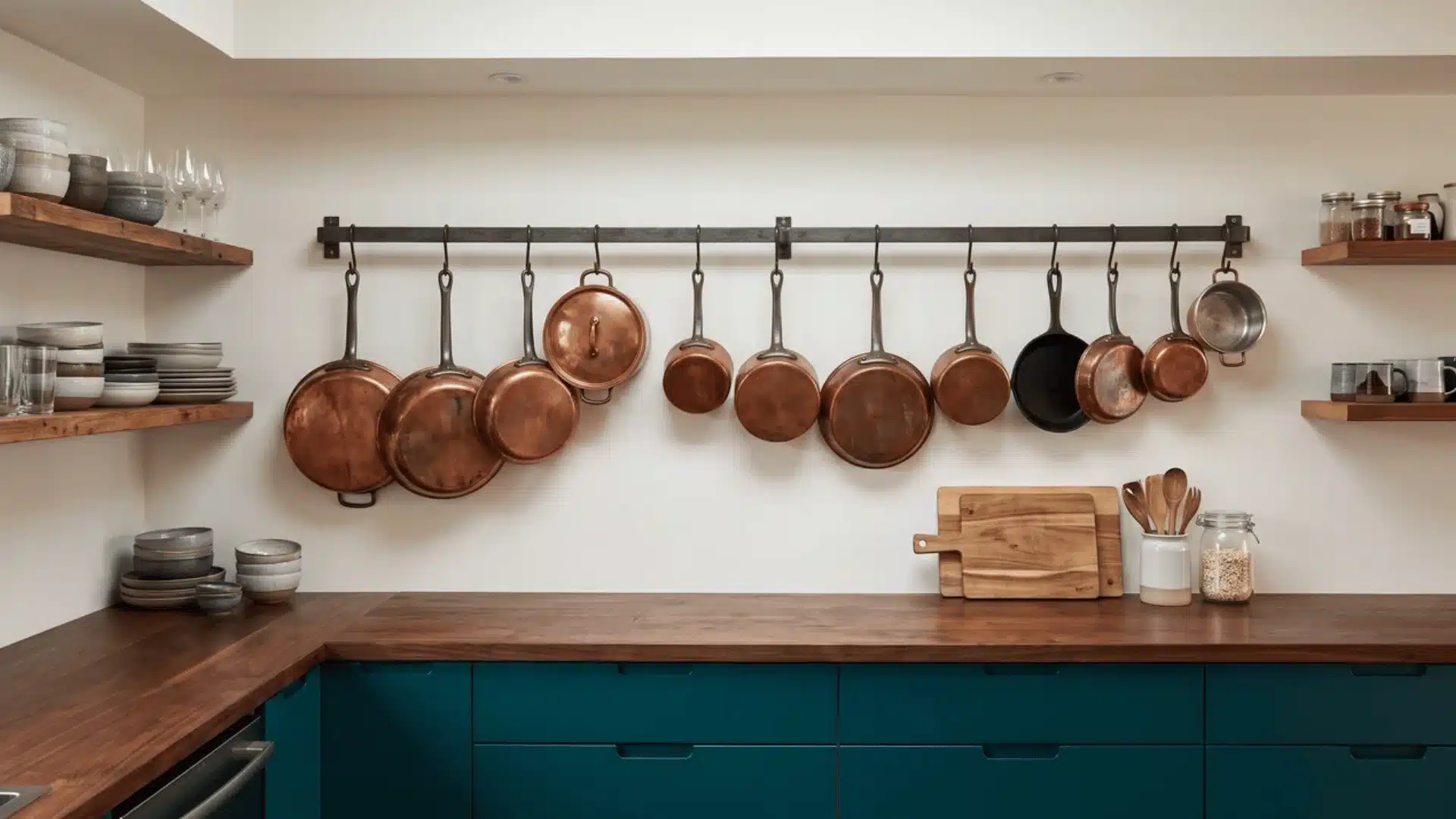 Copper pots grouped by size on a wall rack above the counter in a colorful eclectic kitchen