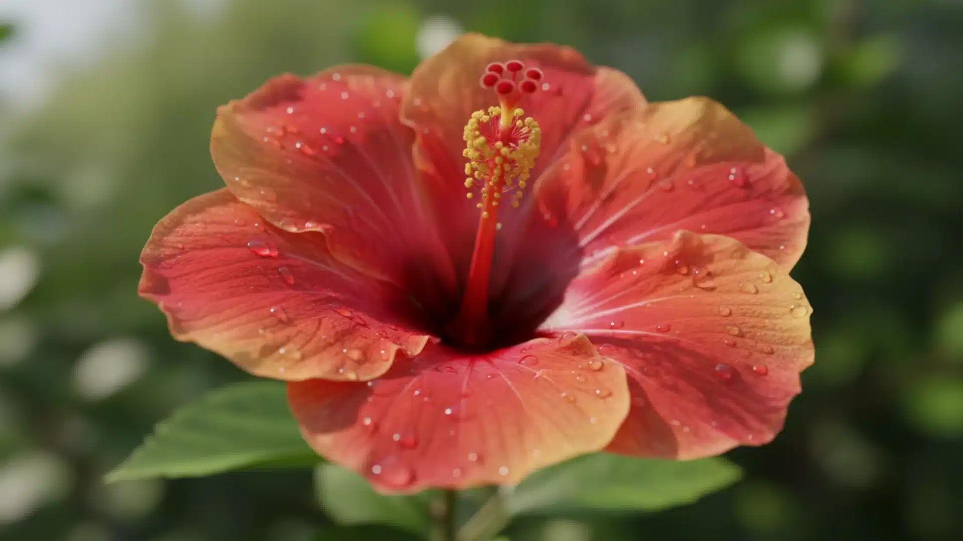 Coral-red hibiscus bloom featuring prominent yellow stamen and water droplets on wide petals.
