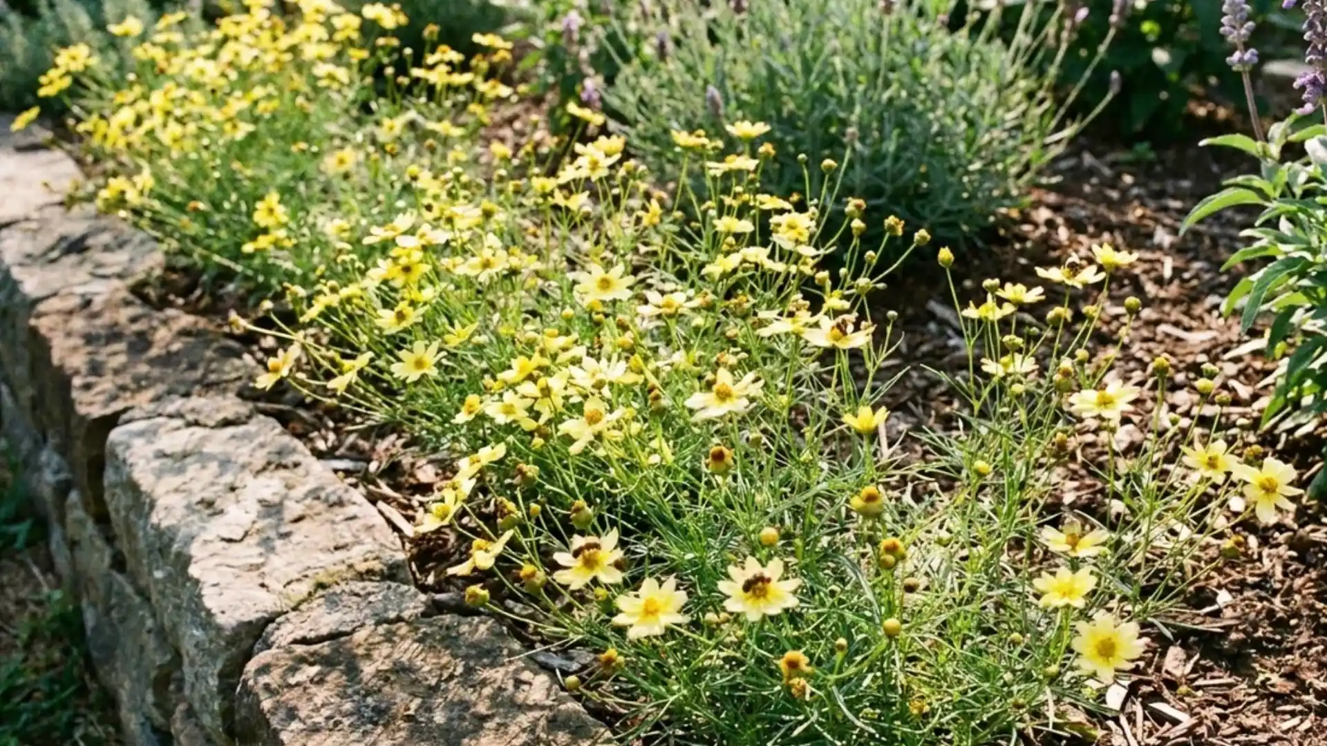 Small yellow coreopsis daisy flowers growing densely along a sunny garden bed edge