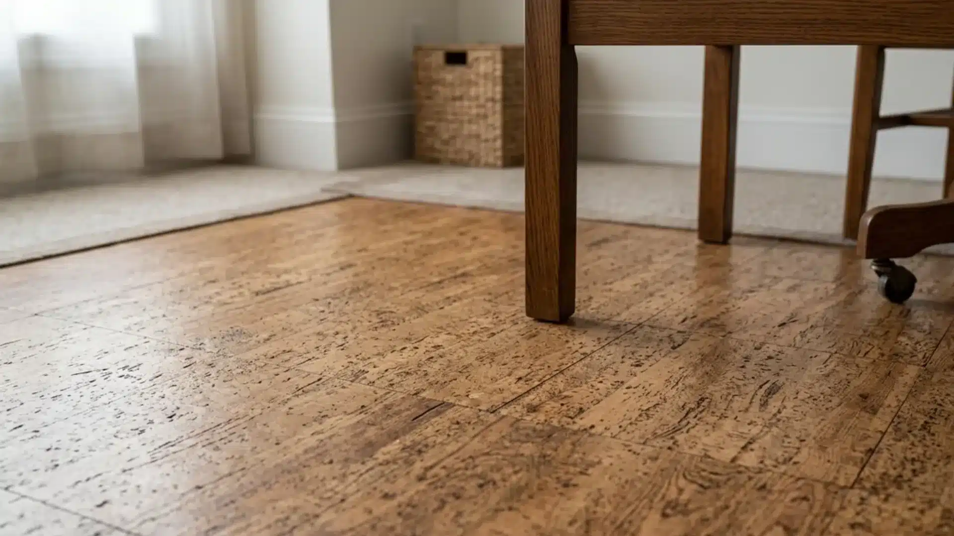 cork tile flooring installed in a small home office near a wooden desk and chair leg