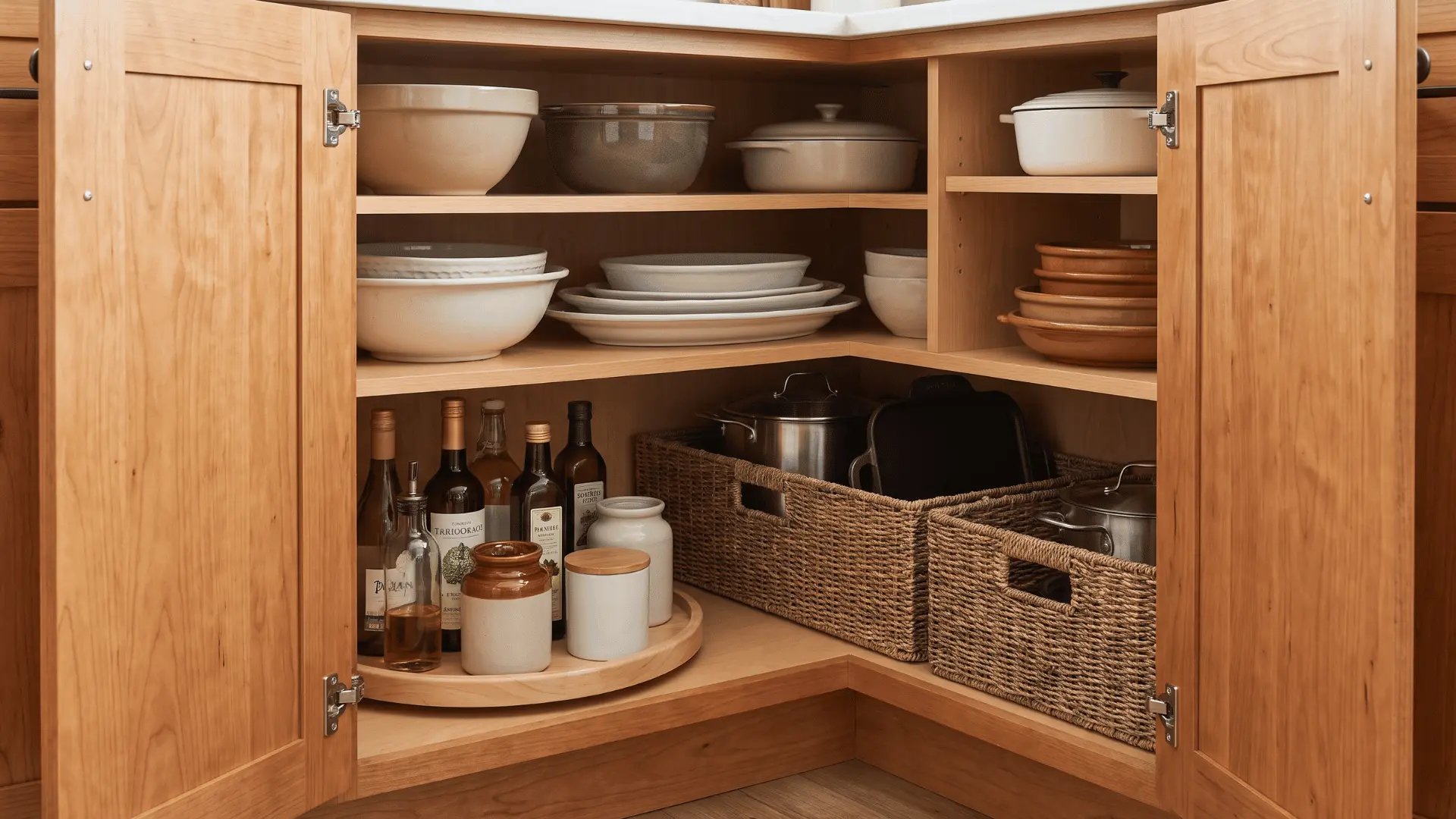 Corner kitchen cabinet organized with serving dishes, cookware, a rotating tray, and removable storage baskets.