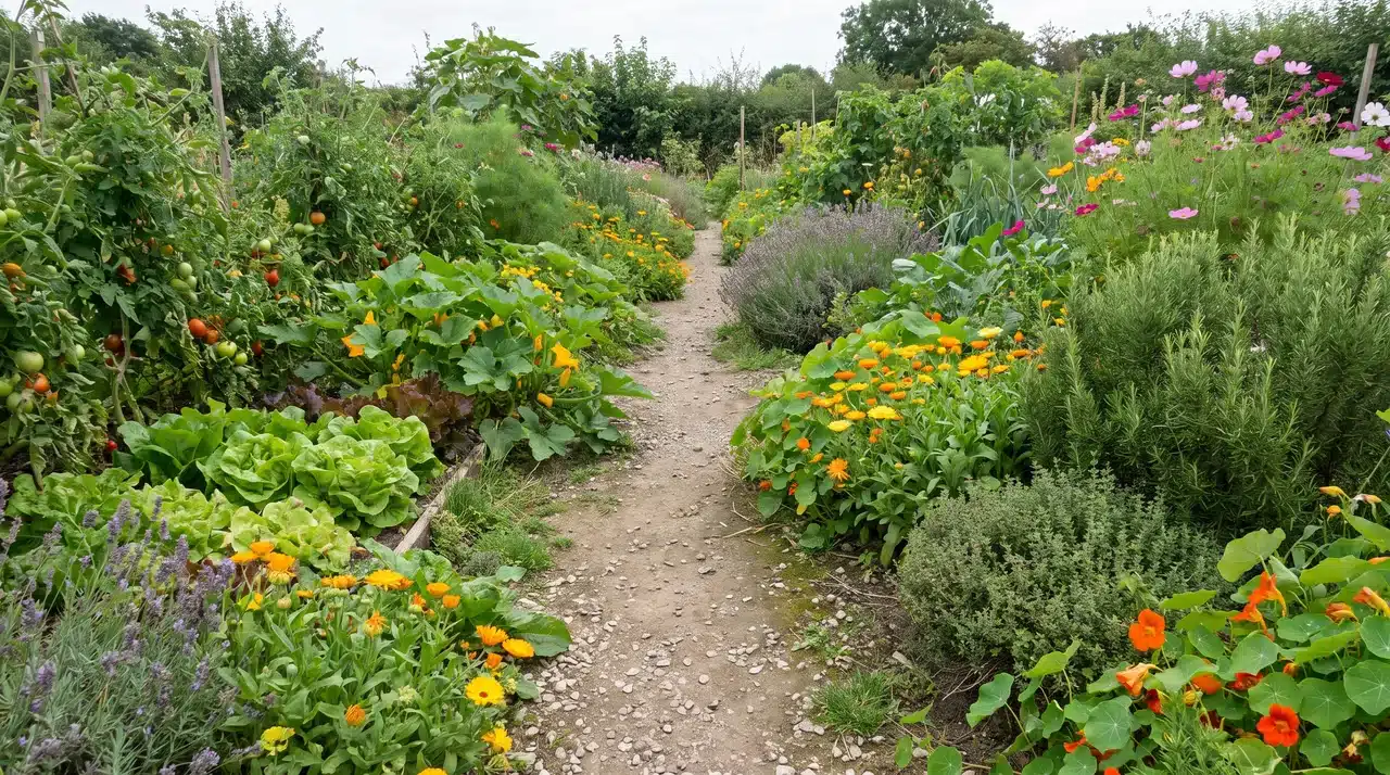 Mixed vegetables, herbs, and flowers growing along a curved rustic garden path