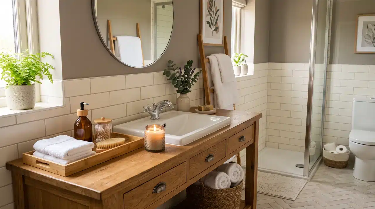 Guest bathroom arranged with towels, toiletries, and welcoming decor.