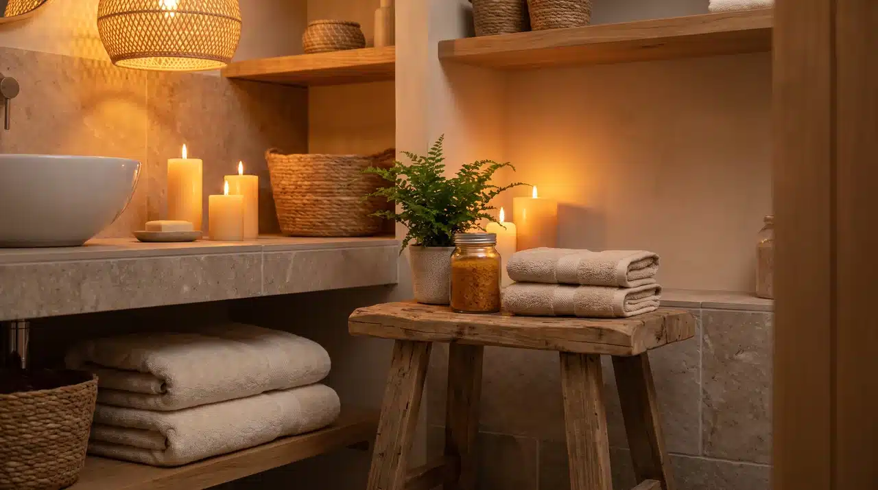 Spa-like bathroom corner with wooden stool, candles, plants, and bath accessories.