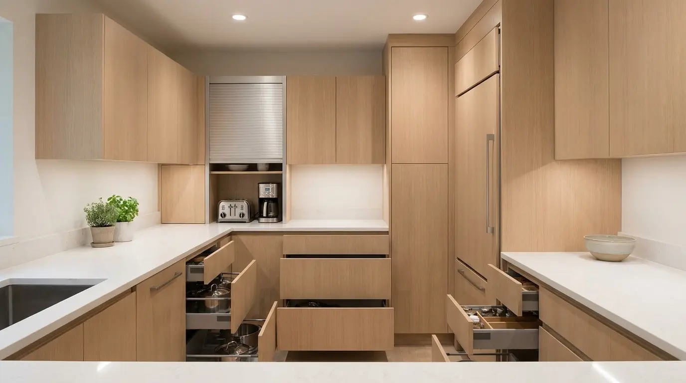 U-shaped kitchen with hidden storage keeping countertops organized