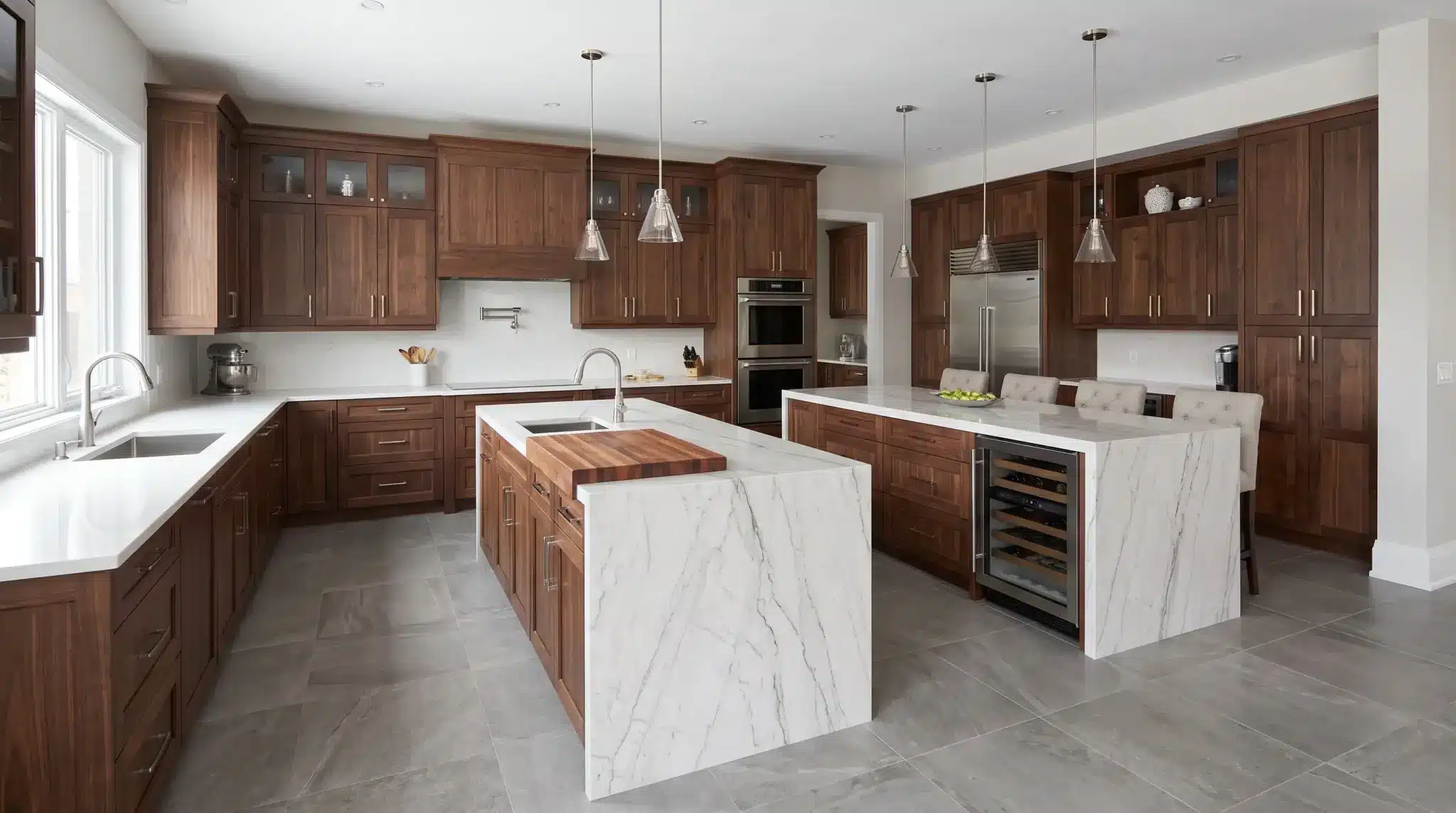 Large U-shaped kitchen with two islands for extra workspace and seating
