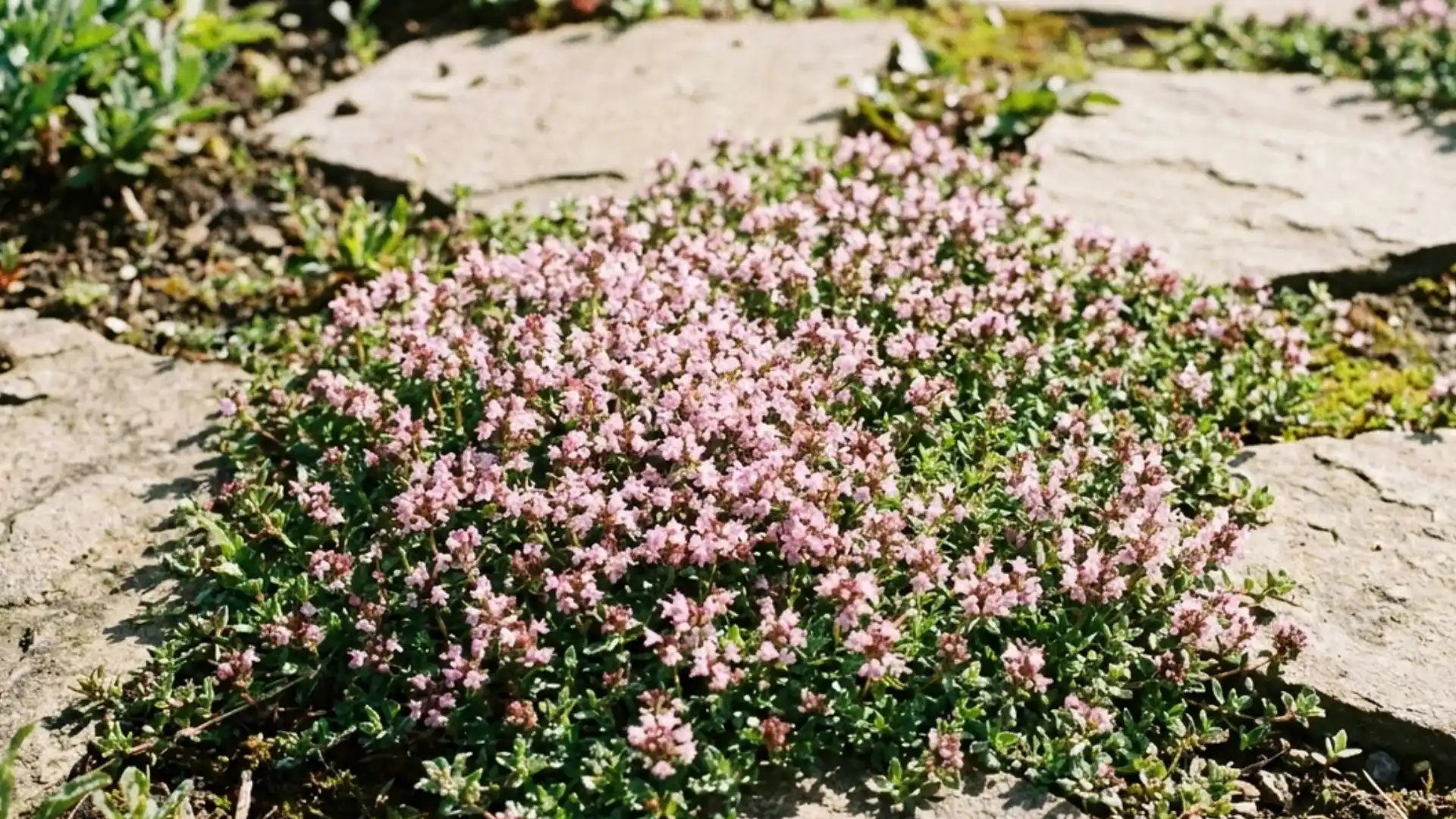 Creeping thyme with tiny pink flowers growing between stepping stones