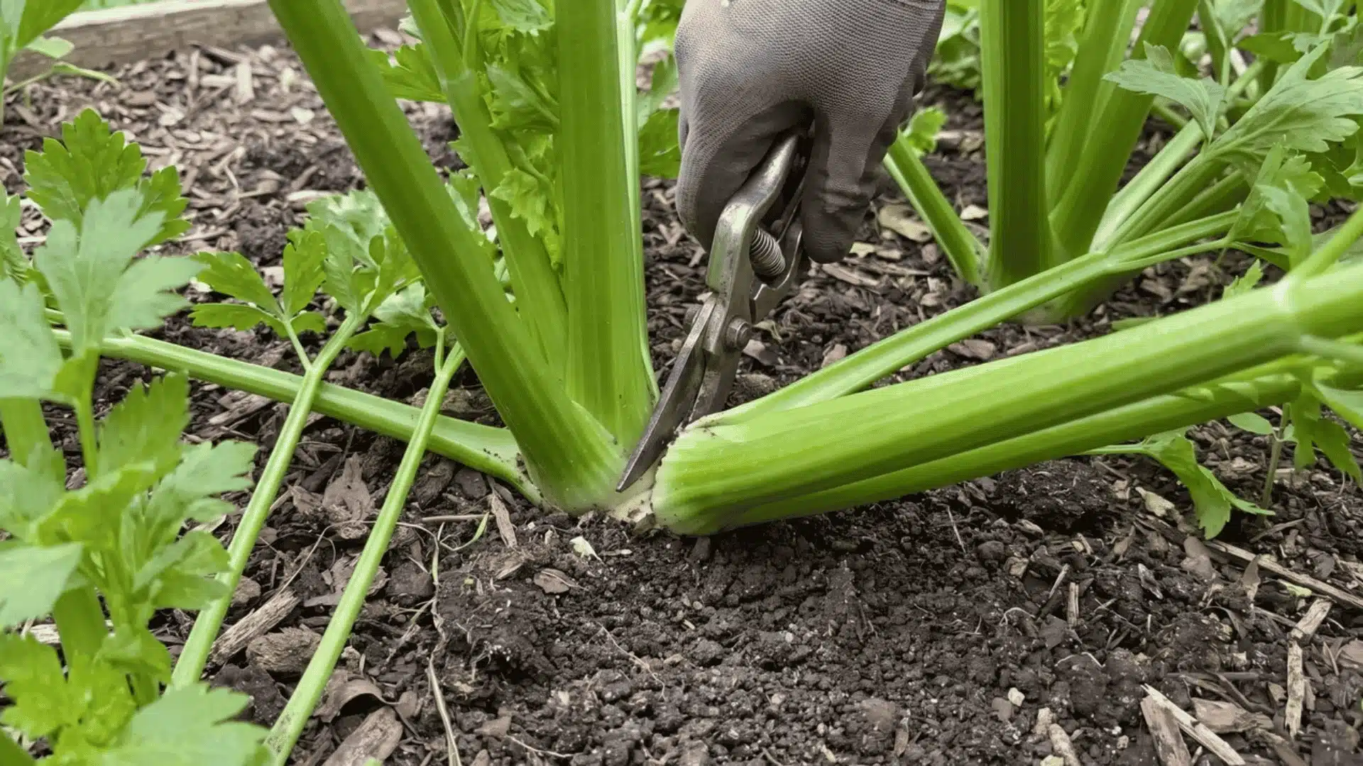 Hand using shears to cut an outer celery stalk at soil level
