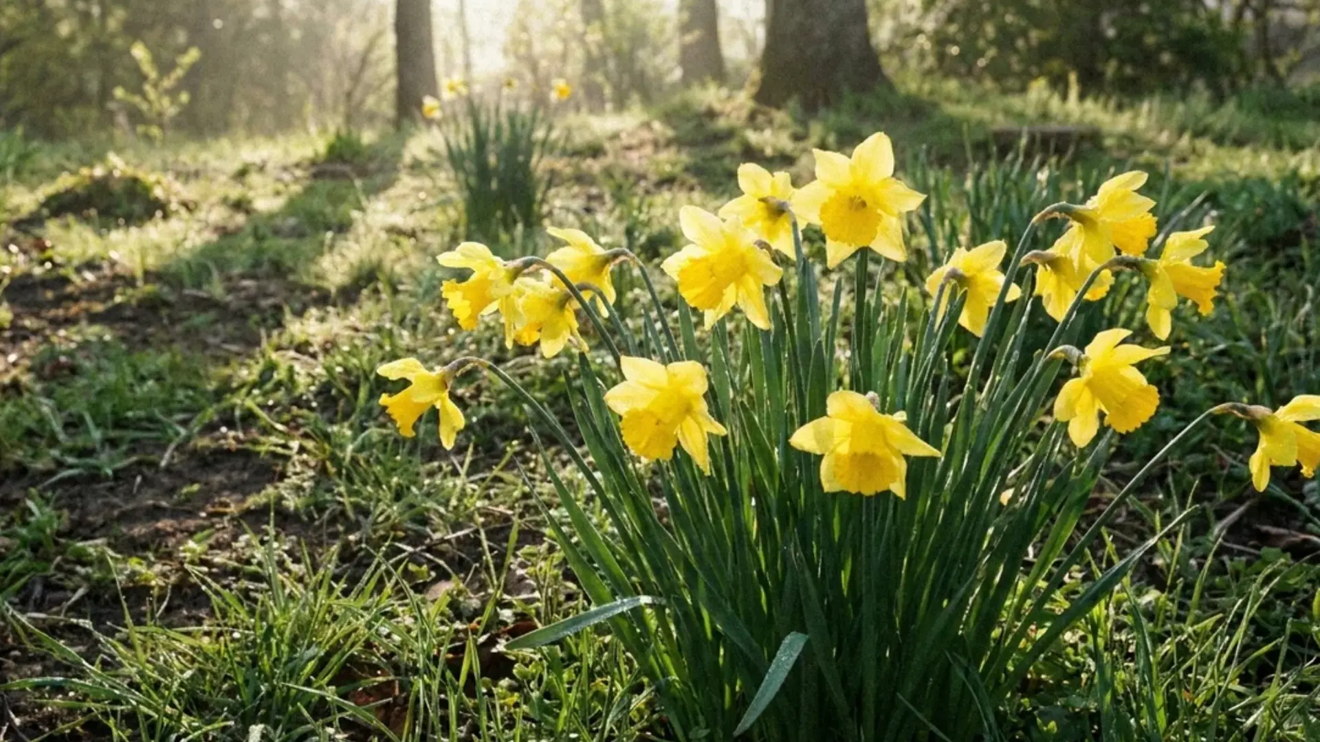 Yellow daffodils blooming low in a spring garden bed with dew