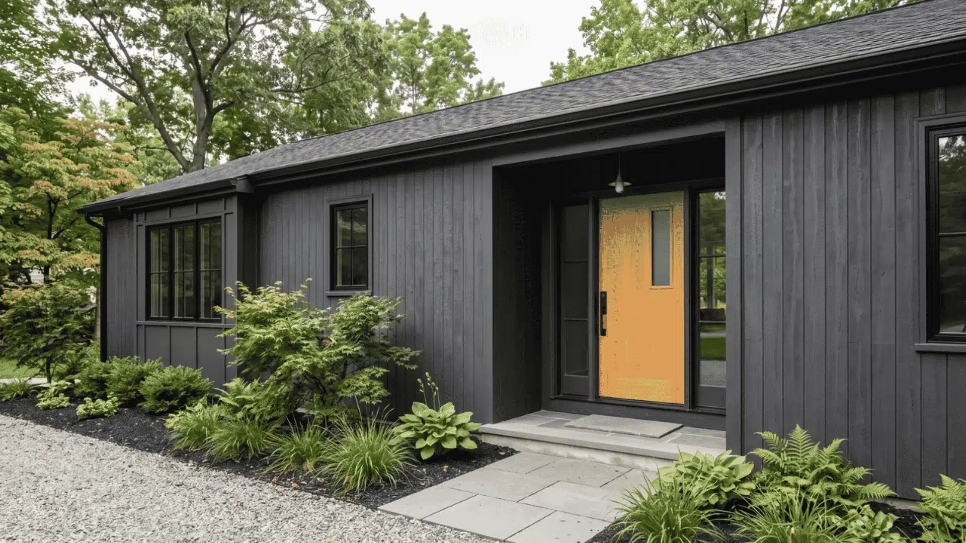 Light front door contrasting with a dark home exterior.
