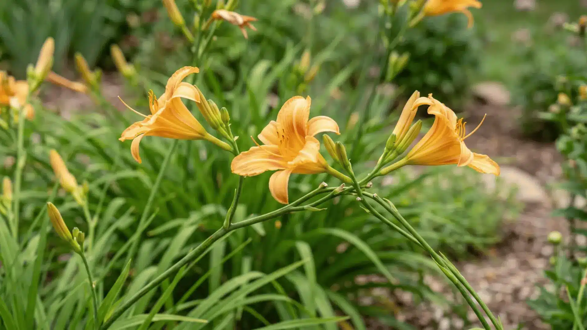 Daylily flowers with trumpet-shaped blooms on stems