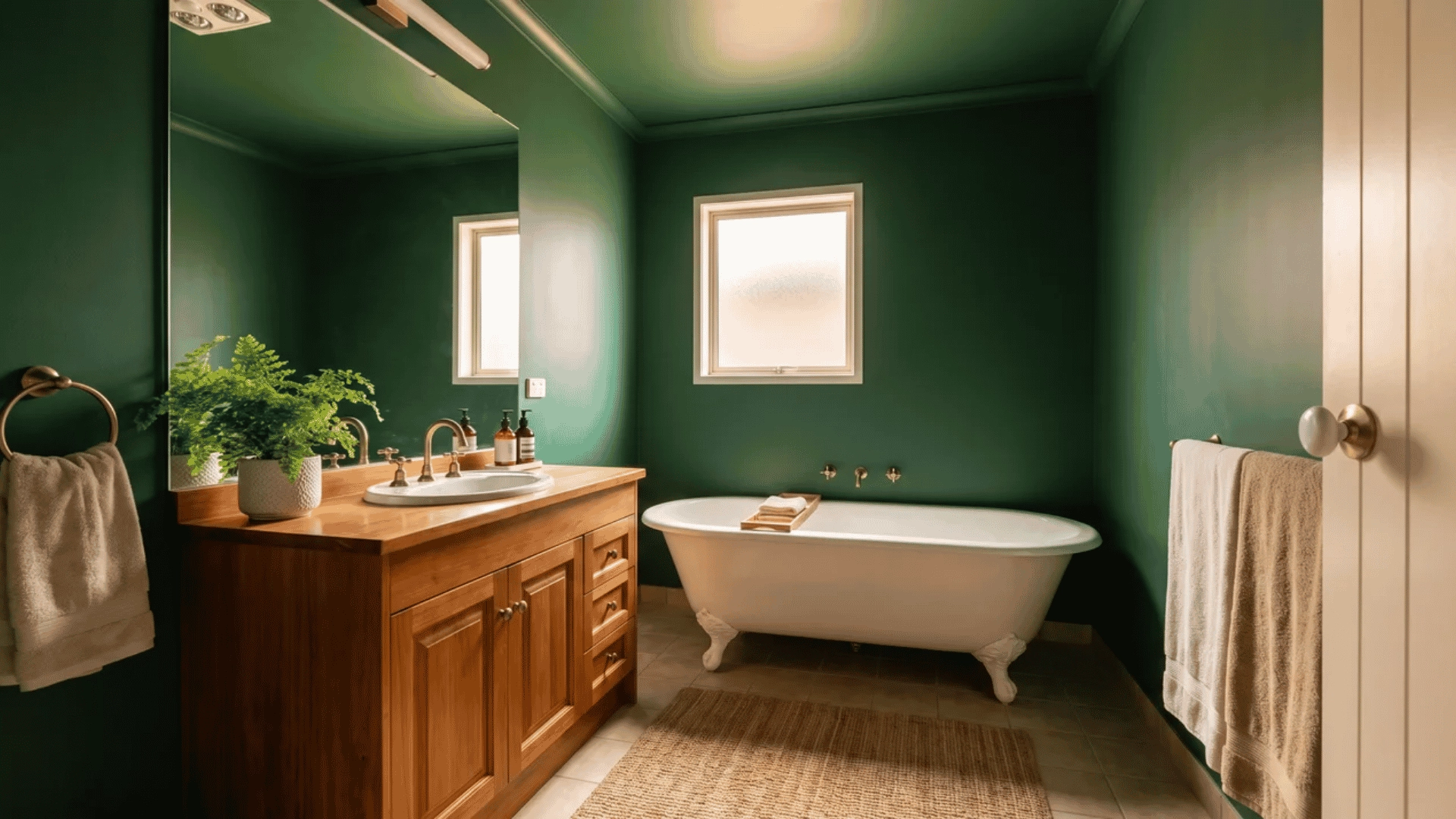 Bathroom with deep forest green walls and ceiling